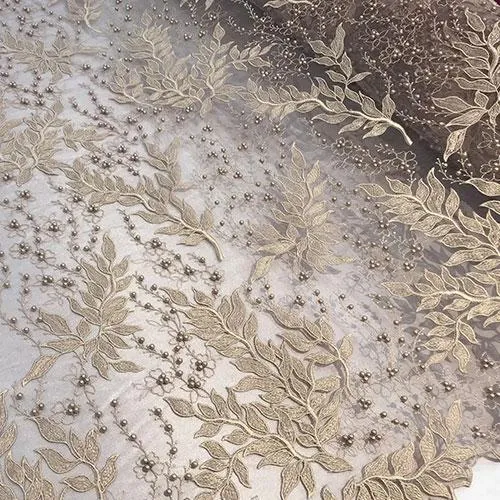 Champagne Mini Flowers Embroidered With Beads Floral Mesh Lace Fabric By The Yard