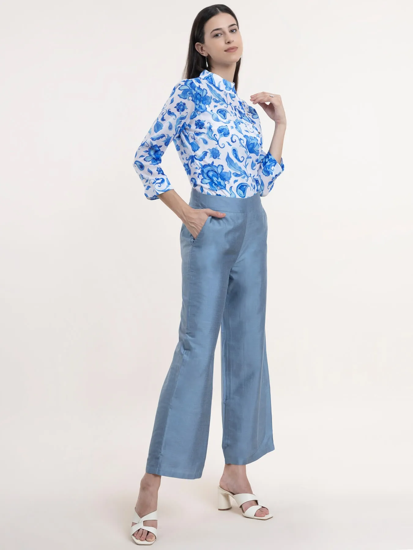 Chanderi Floral Top - Blue and White