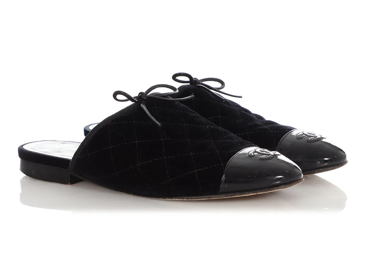 Chanel Black Quilted Velvet Cap Toe Slides