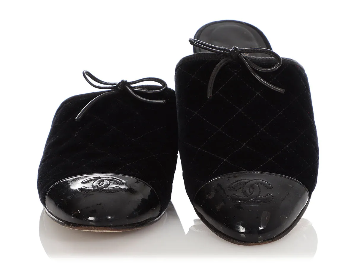 Chanel Black Quilted Velvet Cap Toe Slides