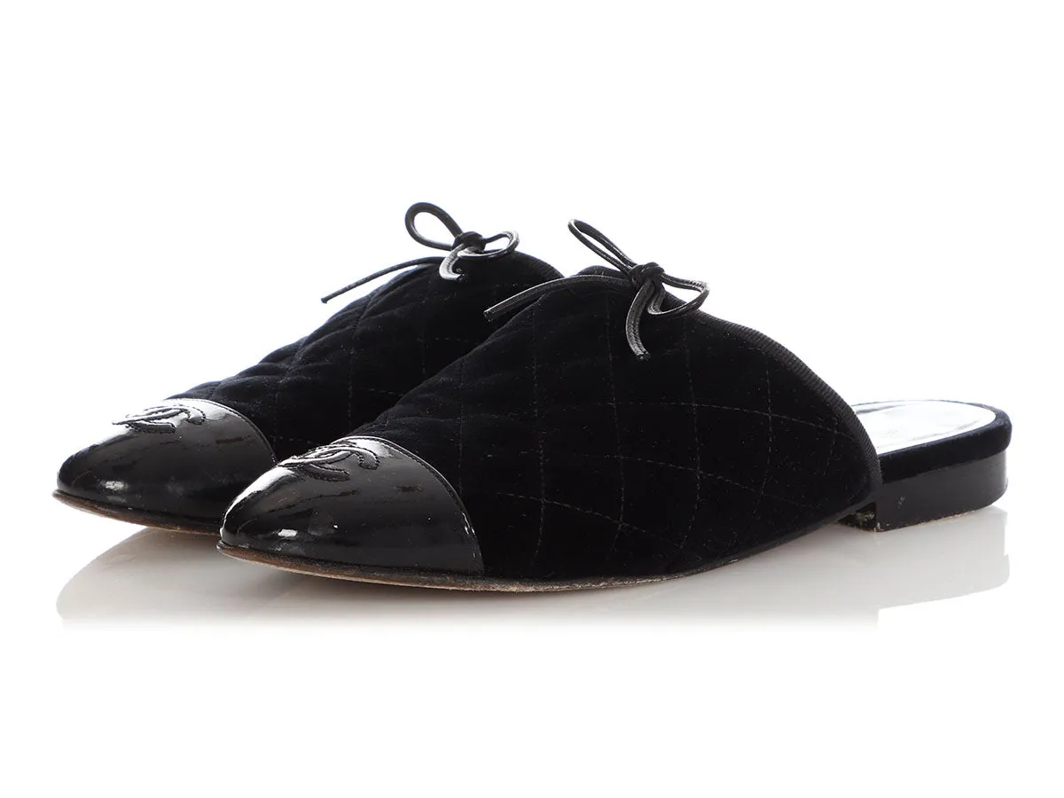 Chanel Black Quilted Velvet Cap Toe Slides