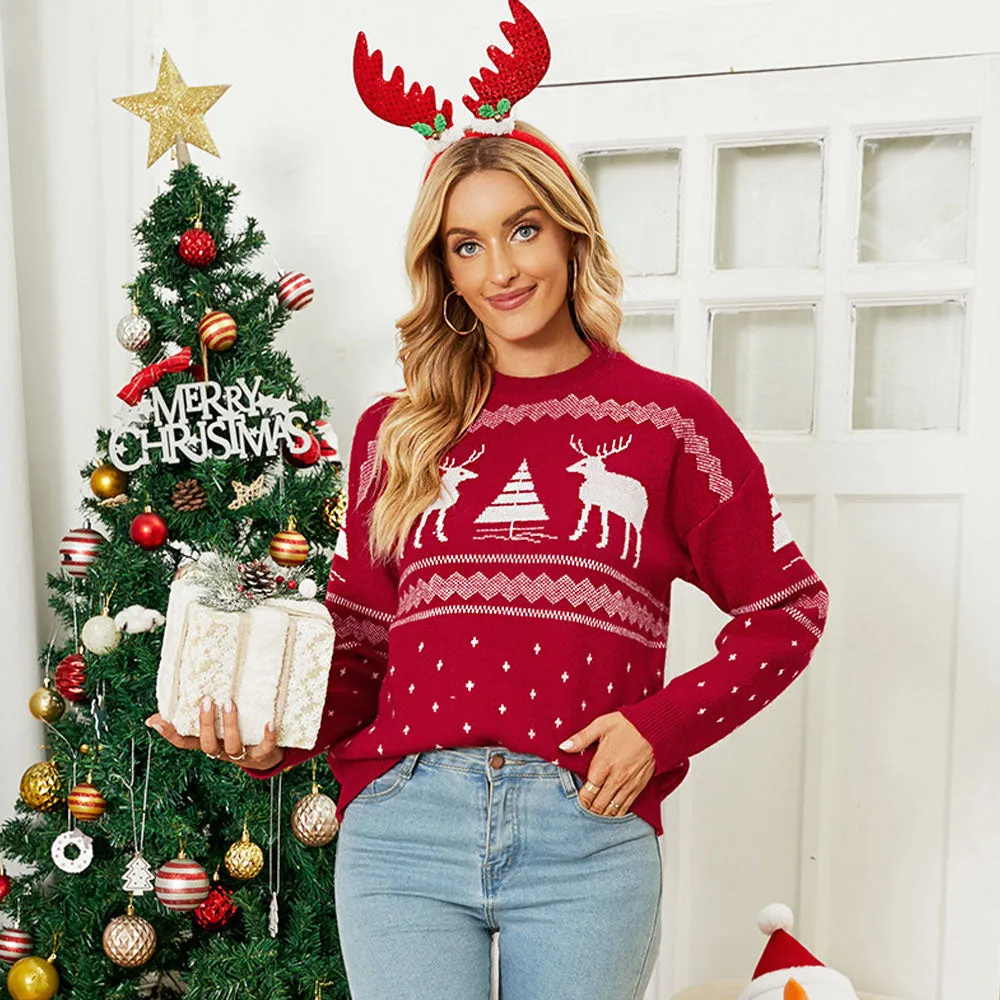 Christmas Crew Neck Reindeer Jacquard Knit Pullover Sweater