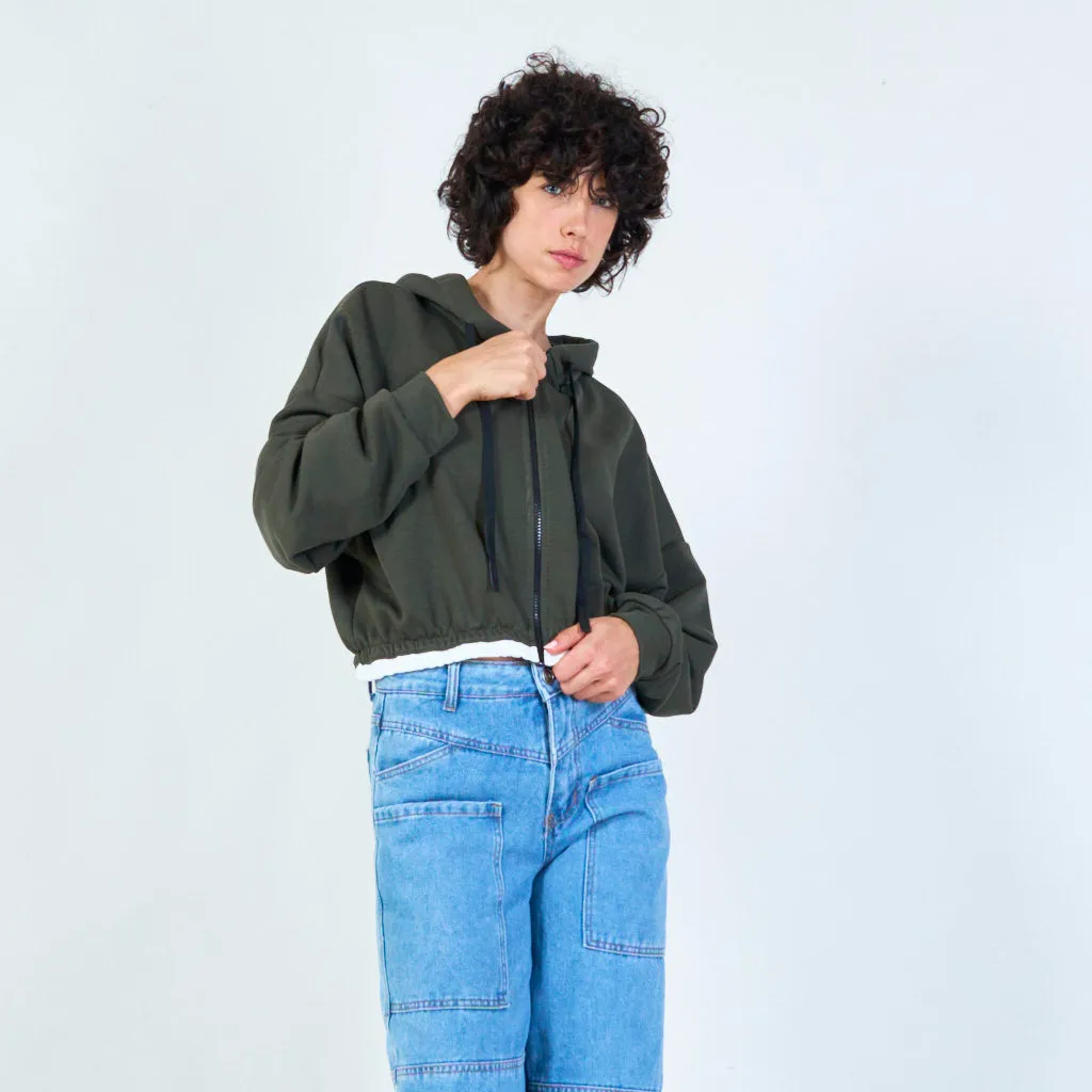 Cropped zip-up hoodie with drawstring wholesale