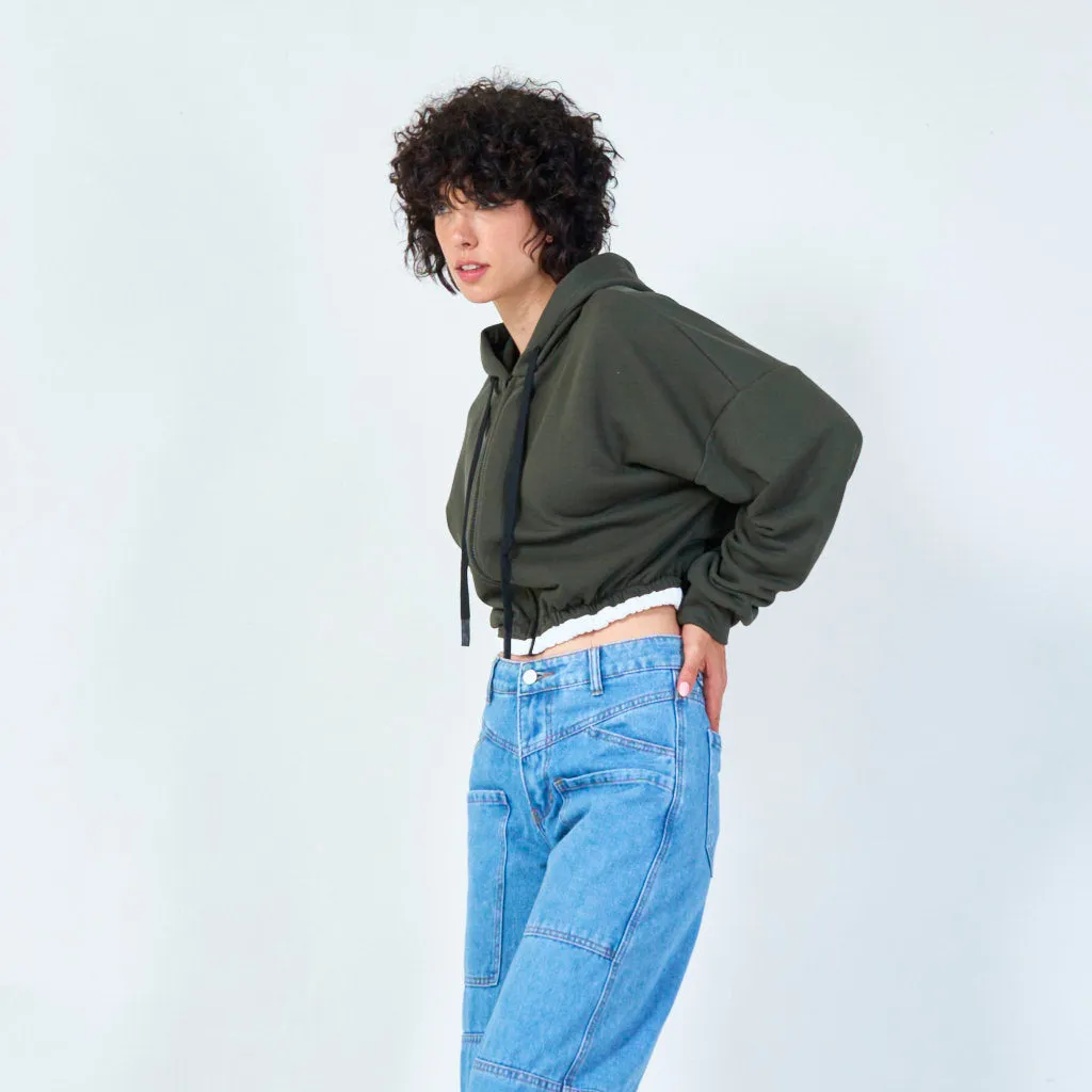 Cropped zip-up hoodie with drawstring wholesale