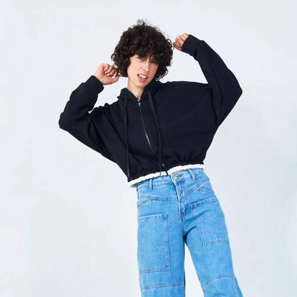 Cropped zip-up hoodie with drawstring wholesale