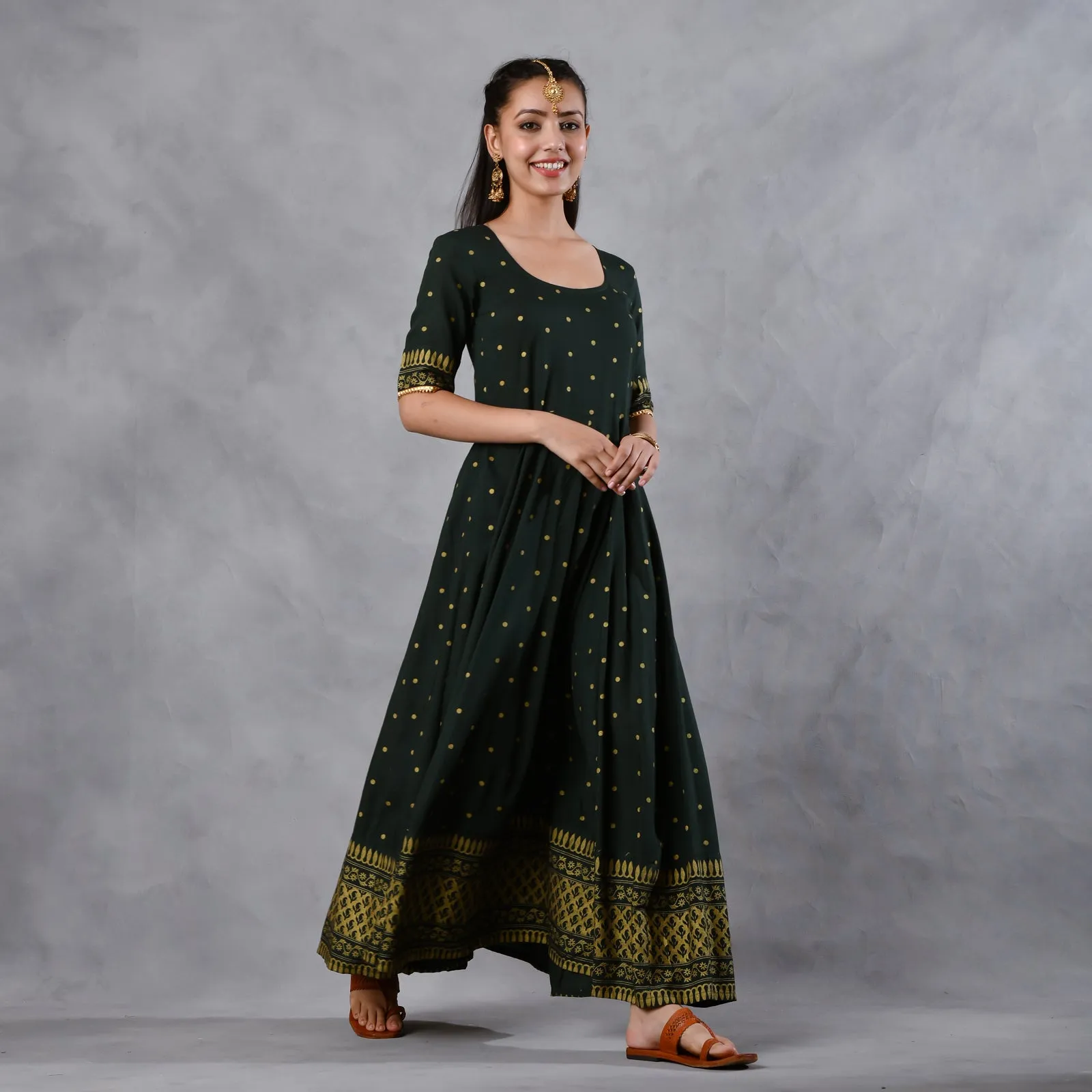 Emerald Green Gold Printed Flared Dress with Dupatta & Gota Details