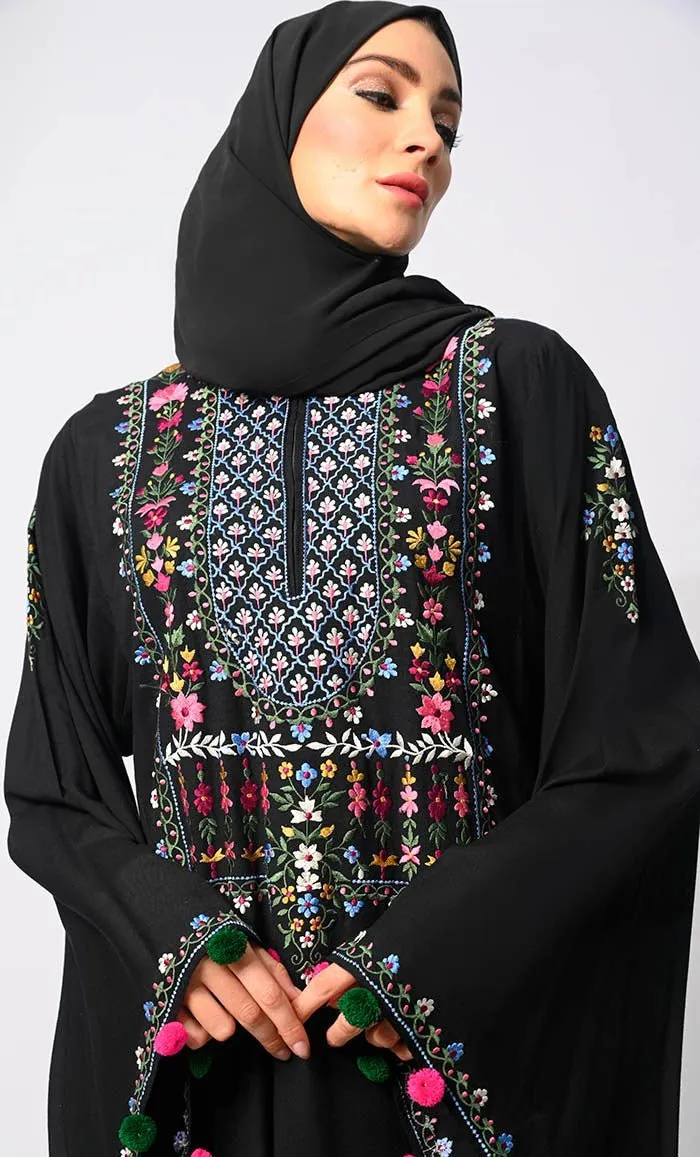 Enchanting Threads: Exquisite Black Embroidered Abaya with and Dramatic Bell Sleeves - Final Sale