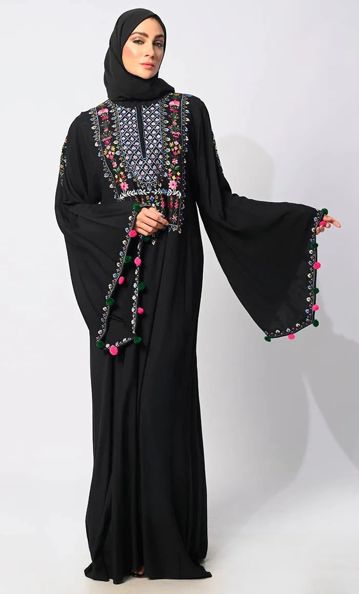 Enchanting Threads: Exquisite Black Embroidered Abaya with and Dramatic Bell Sleeves - Final Sale