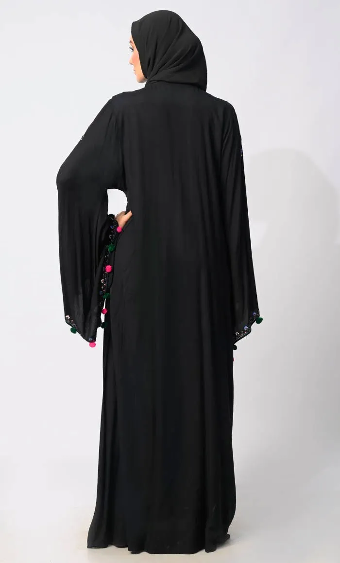 Enchanting Threads: Exquisite Black Embroidered Abaya with and Dramatic Bell Sleeves - Final Sale