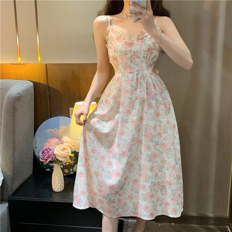 French Floral Strap Midi Dress Women Vintage Elegant 2 Piece Dress Set Fashion Suits Casual Blouse Korean Clothing  Summer