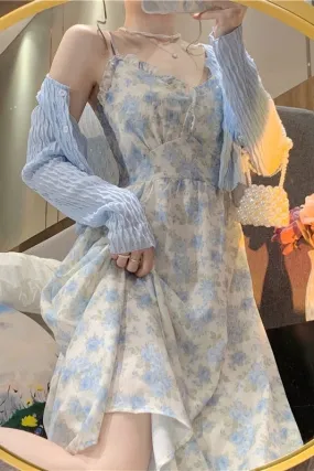 French Floral Strap Midi Dress Women Vintage Elegant 2 Piece Dress Set Fashion Suits Casual Blouse Korean Clothing  Summer