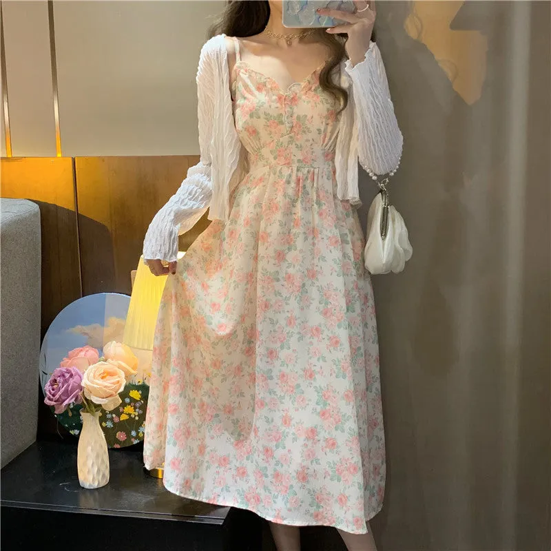 French Floral Strap Midi Dress Women Vintage Elegant 2 Piece Dress Set Fashion Suits Casual Blouse Korean Clothing  Summer