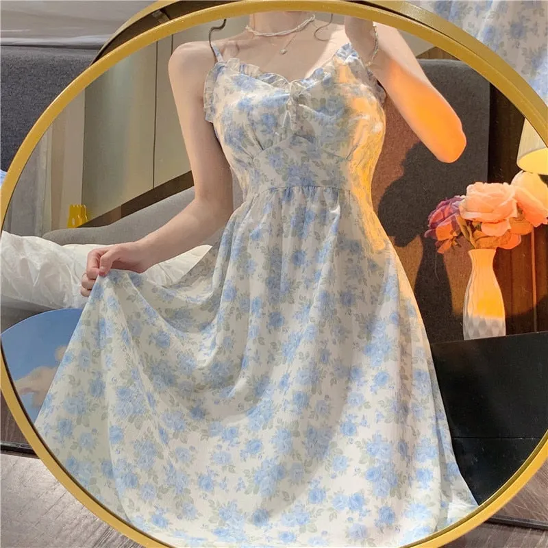 French Floral Strap Midi Dress Women Vintage Elegant 2 Piece Dress Set Fashion Suits Casual Blouse Korean Clothing  Summer