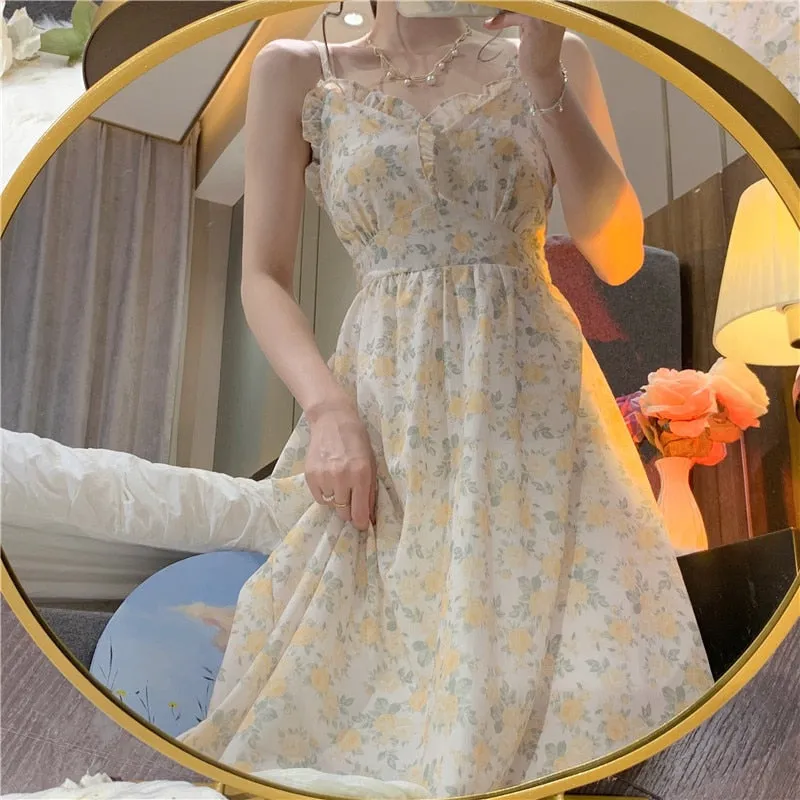 French Floral Strap Midi Dress Women Vintage Elegant 2 Piece Dress Set Fashion Suits Casual Blouse Korean Clothing  Summer