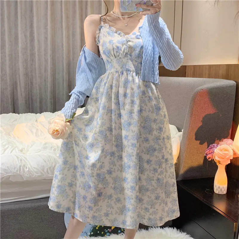French Floral Strap Midi Dress Women Vintage Elegant 2 Piece Dress Set Fashion Suits Casual Blouse Korean Clothing  Summer