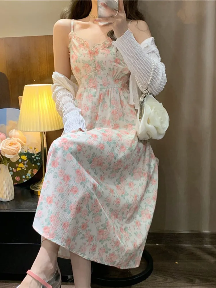 French Floral Strap Midi Dress Women Vintage Elegant 2 Piece Dress Set Fashion Suits Casual Blouse Korean Clothing  Summer