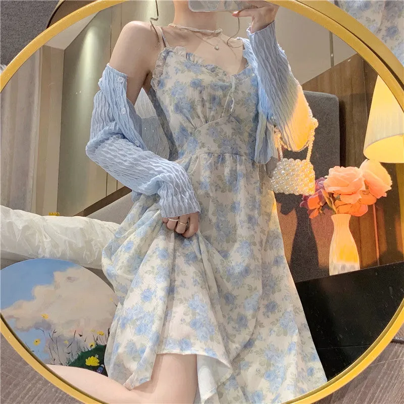 French Floral Strap Midi Dress Women Vintage Elegant 2 Piece Dress Set Fashion Suits Casual Blouse Korean Clothing  Summer