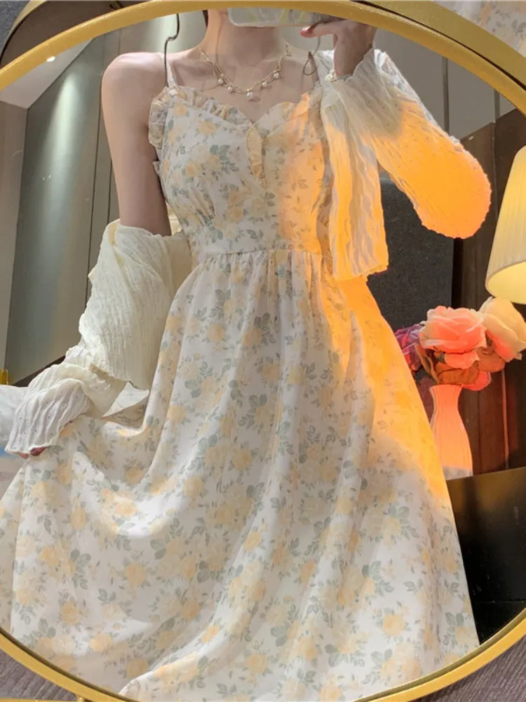 French Floral Strap Midi Dress Women Vintage Elegant 2 Piece Dress Set Fashion Suits Casual Blouse Korean Clothing  Summer