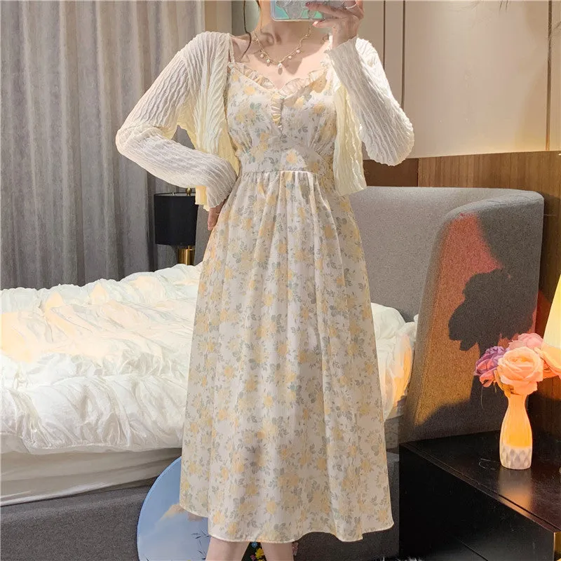 French Floral Strap Midi Dress Women Vintage Elegant 2 Piece Dress Set Fashion Suits Casual Blouse Korean Clothing  Summer