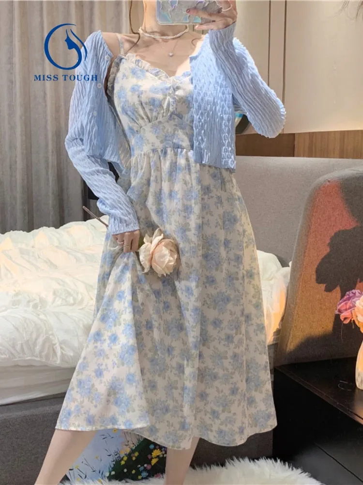 French Floral Strap Midi Dress Women Vintage Elegant 2 Piece Dress Set Fashion Suits Casual Blouse Korean Clothing  Summer