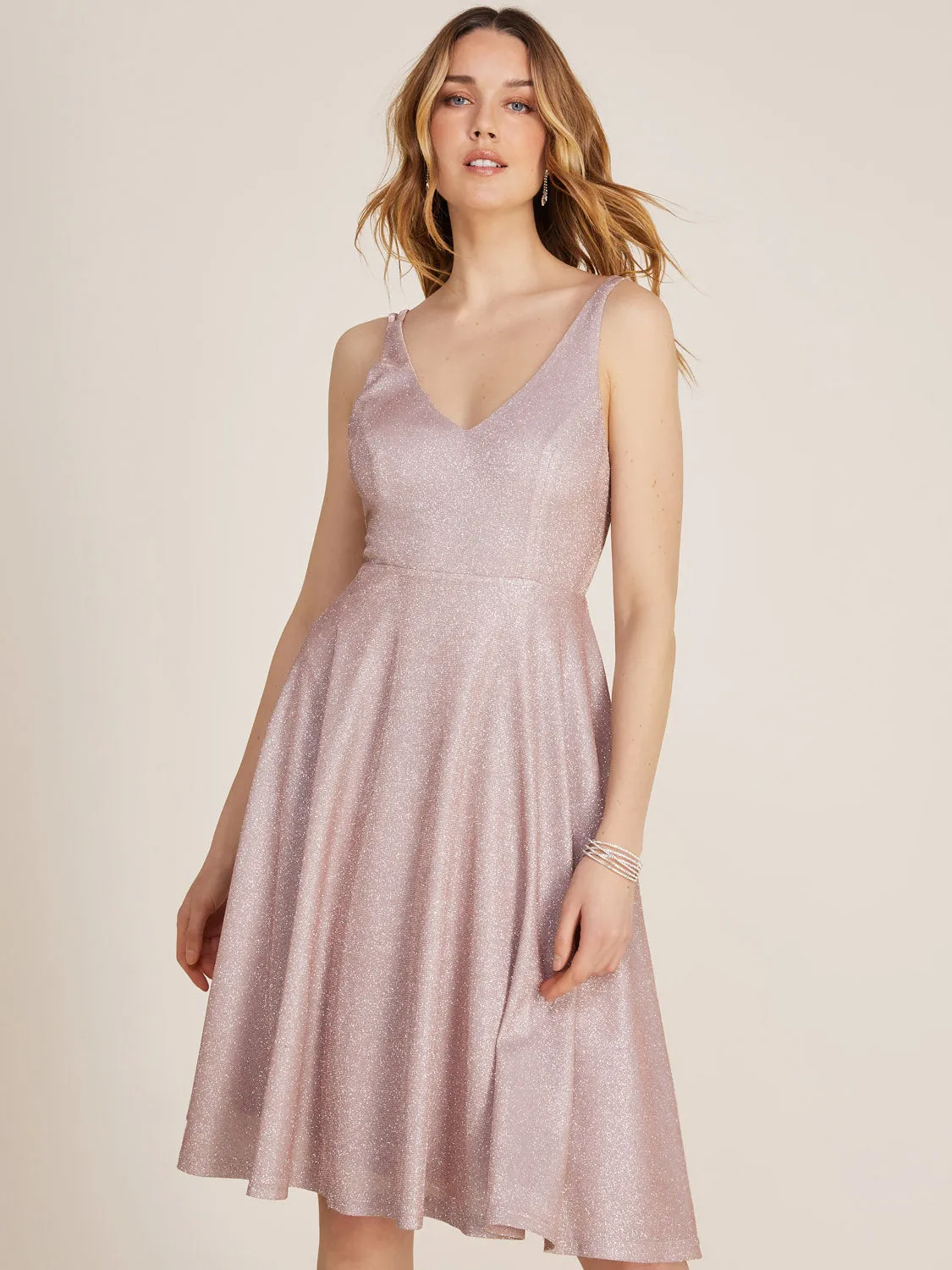 Glitter Knit V-Neck Fit & Flare Knee Length Dress