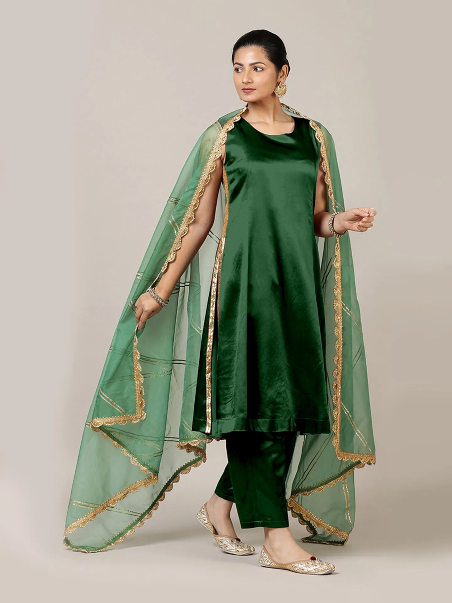 Gulnaaz x Tyohaar | Emerald Green Mashru Silk Panelled Kurta with Crushed Golden Gota Detailing | Coords or Only Kurta