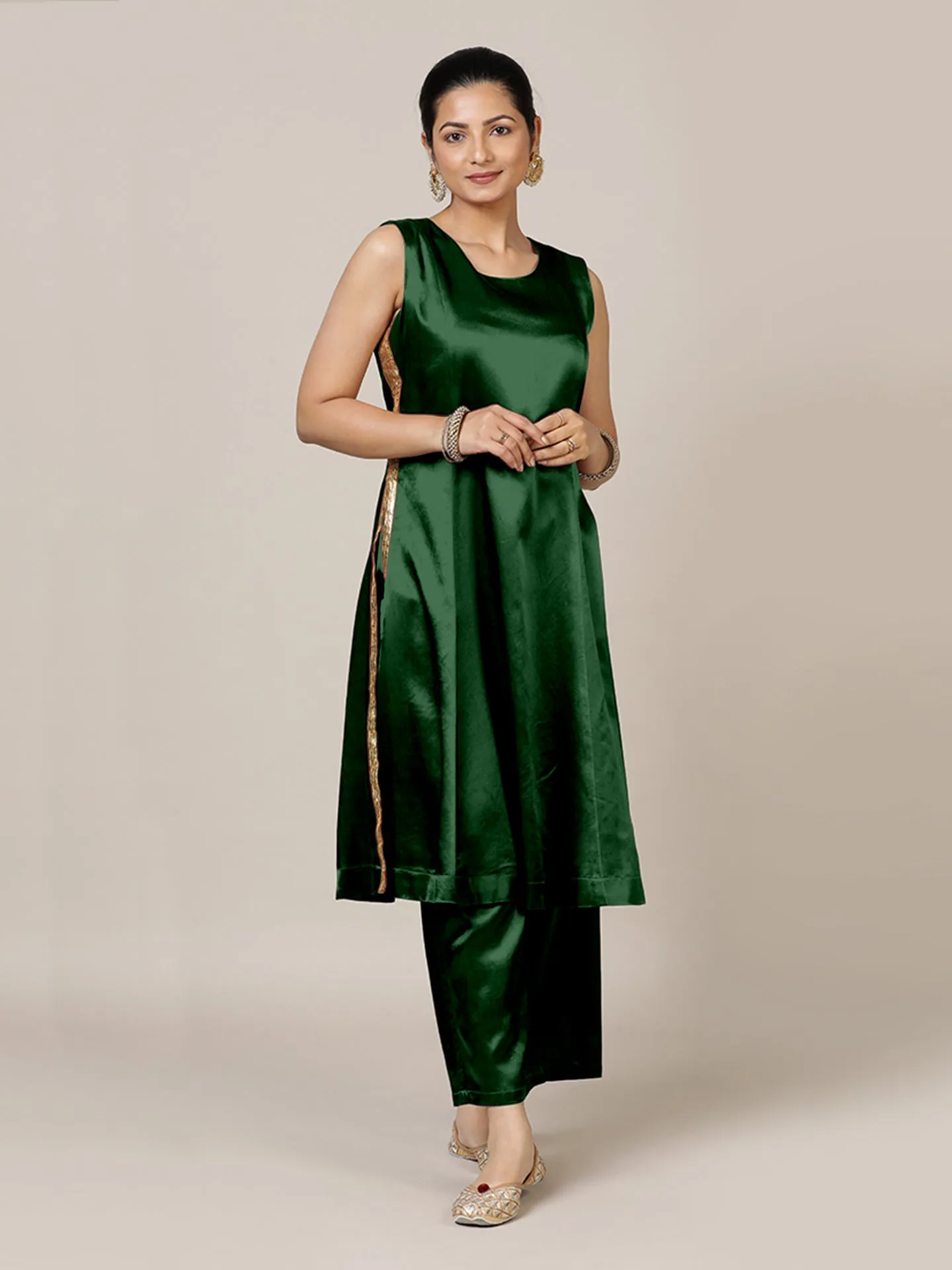 Gulnaaz x Tyohaar | Emerald Green Mashru Silk Panelled Kurta with Crushed Golden Gota Detailing | Coords or Only Kurta