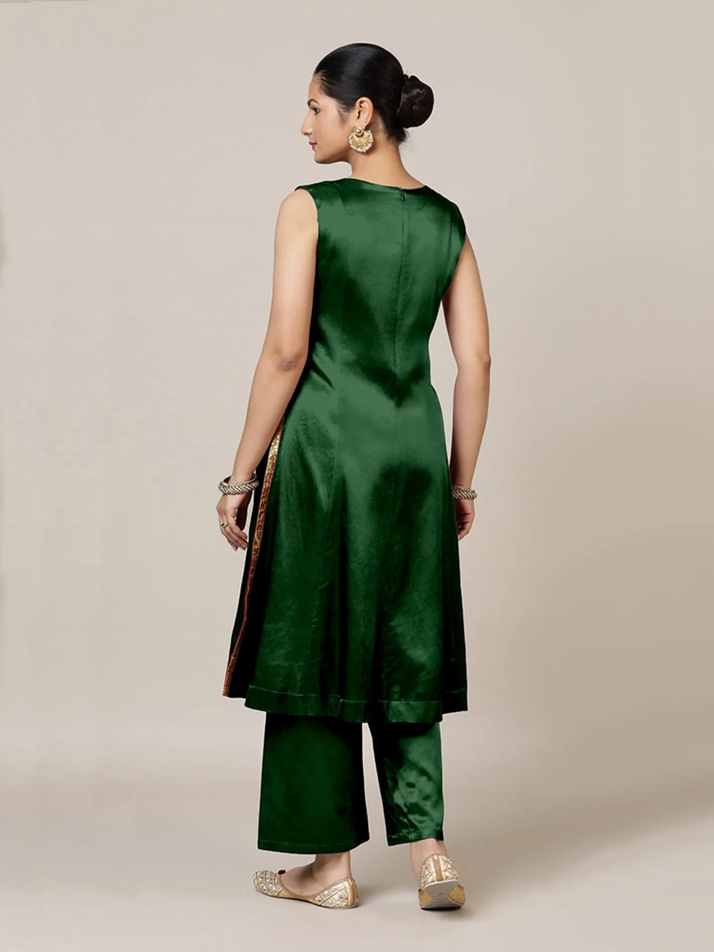 Gulnaaz x Tyohaar | Emerald Green Mashru Silk Panelled Kurta with Crushed Golden Gota Detailing | Coords or Only Kurta