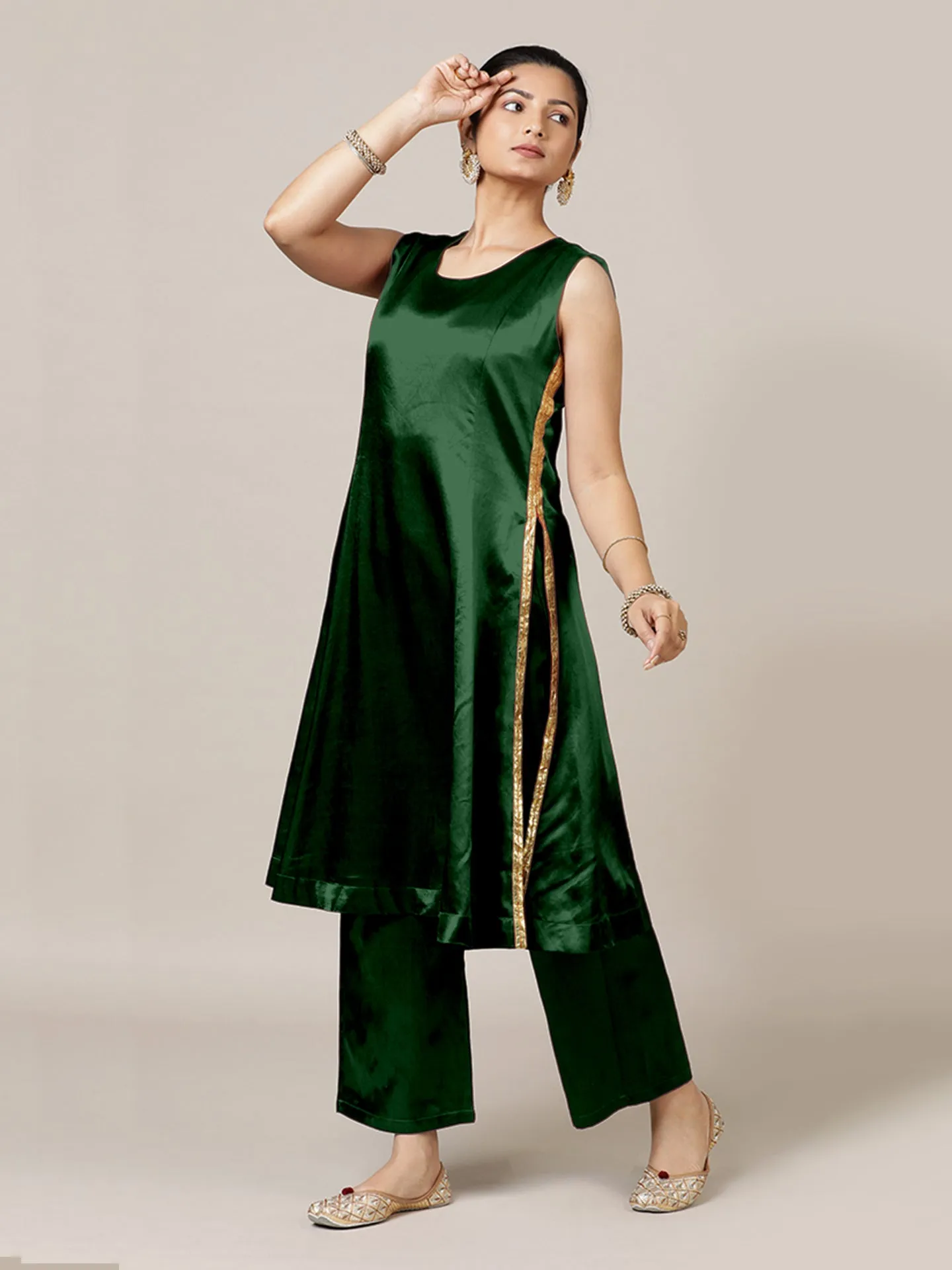 Gulnaaz x Tyohaar | Emerald Green Mashru Silk Panelled Kurta with Crushed Golden Gota Detailing | Coords or Only Kurta