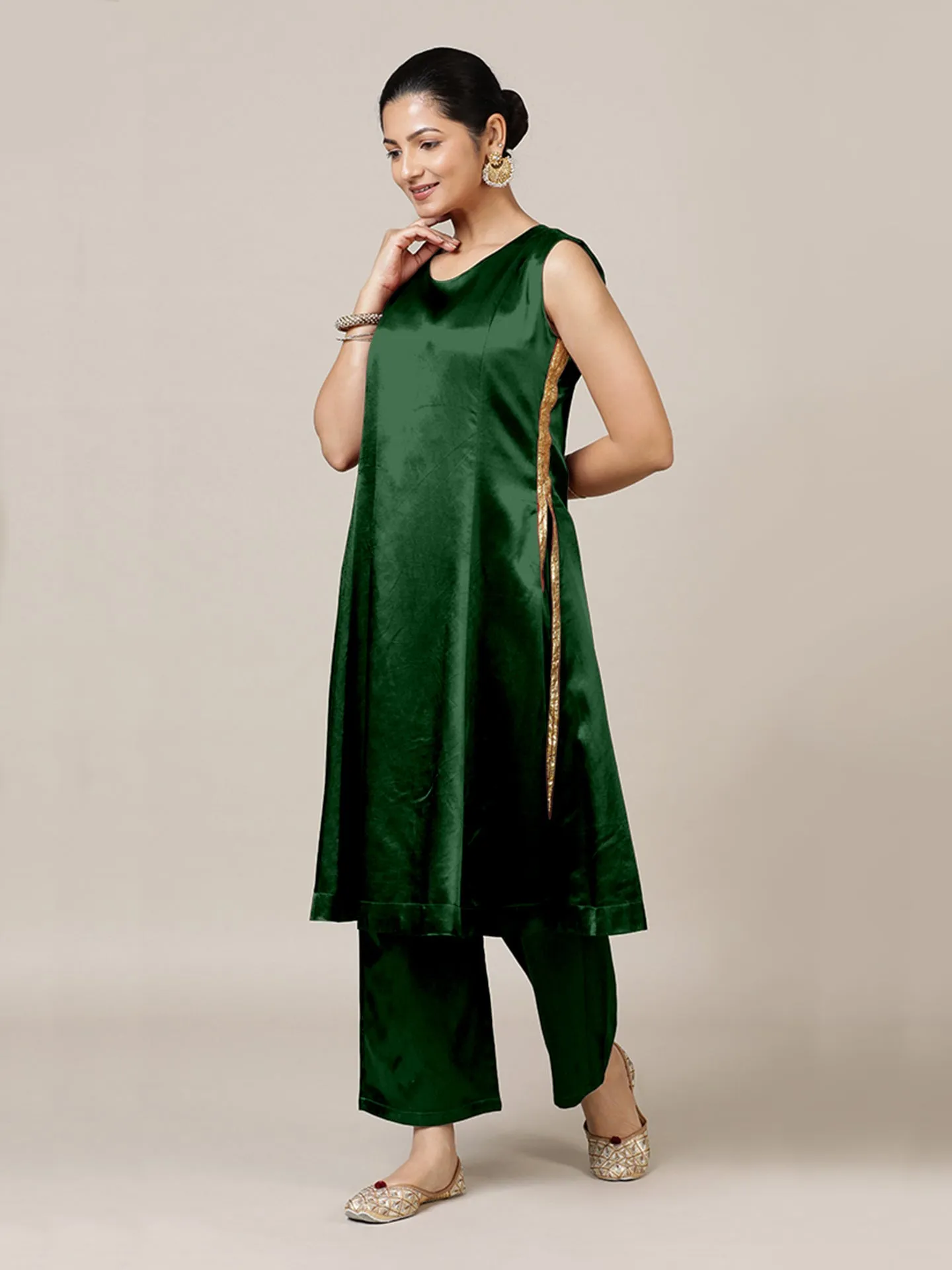 Gulnaaz x Tyohaar | Emerald Green Mashru Silk Panelled Kurta with Crushed Golden Gota Detailing | Coords or Only Kurta
