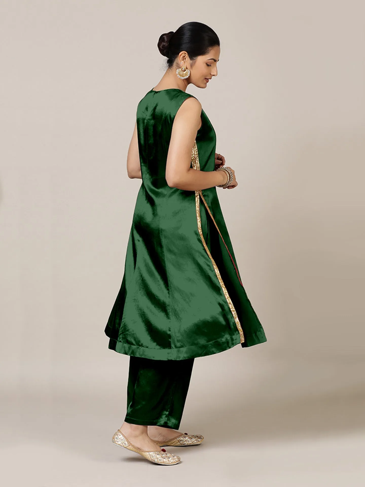 Gulnaaz x Tyohaar | Emerald Green Mashru Silk Panelled Kurta with Crushed Golden Gota Detailing | Coords or Only Kurta