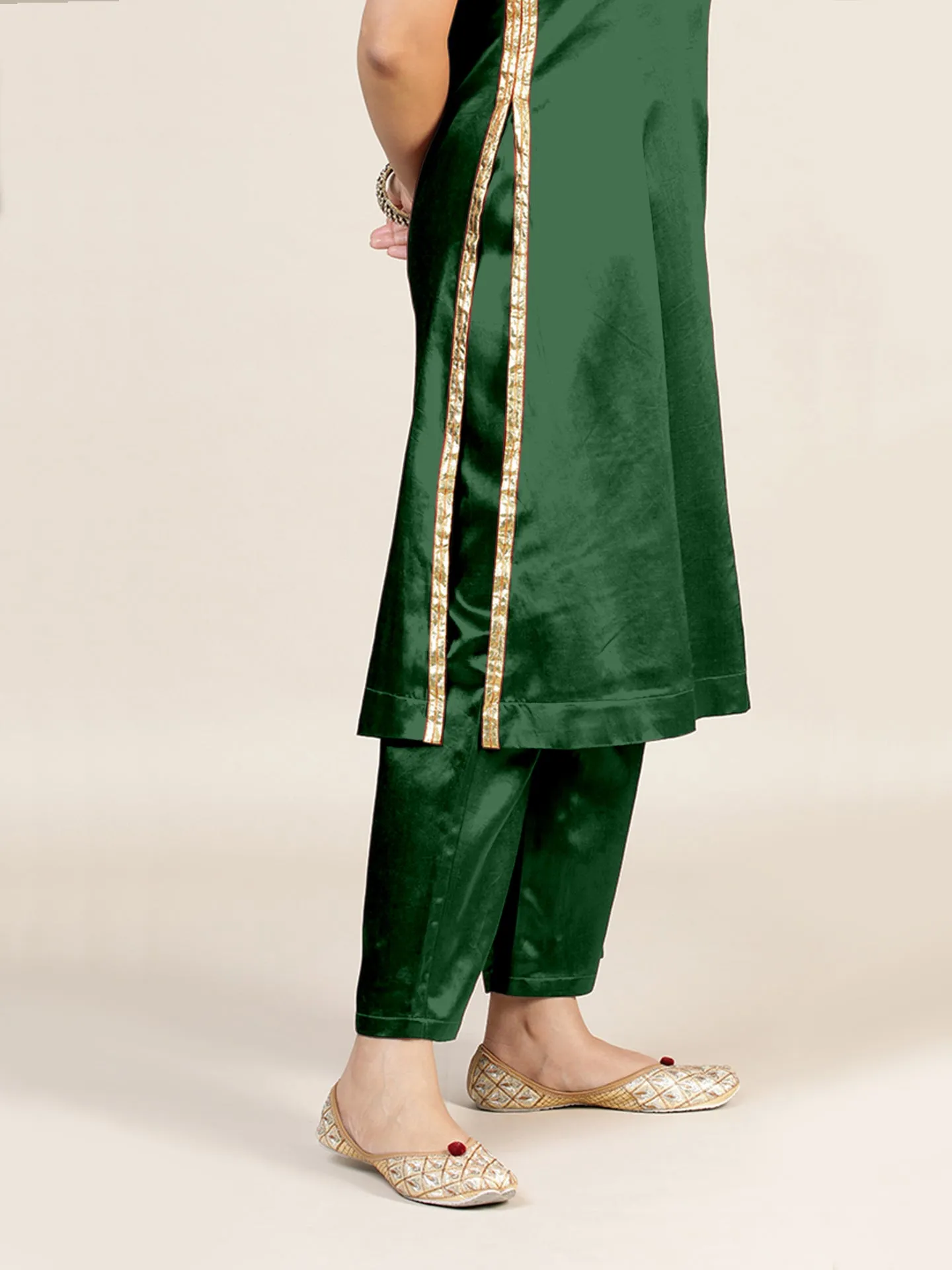 Gulnaaz x Tyohaar | Emerald Green Mashru Silk Panelled Kurta with Crushed Golden Gota Detailing | Coords or Only Kurta