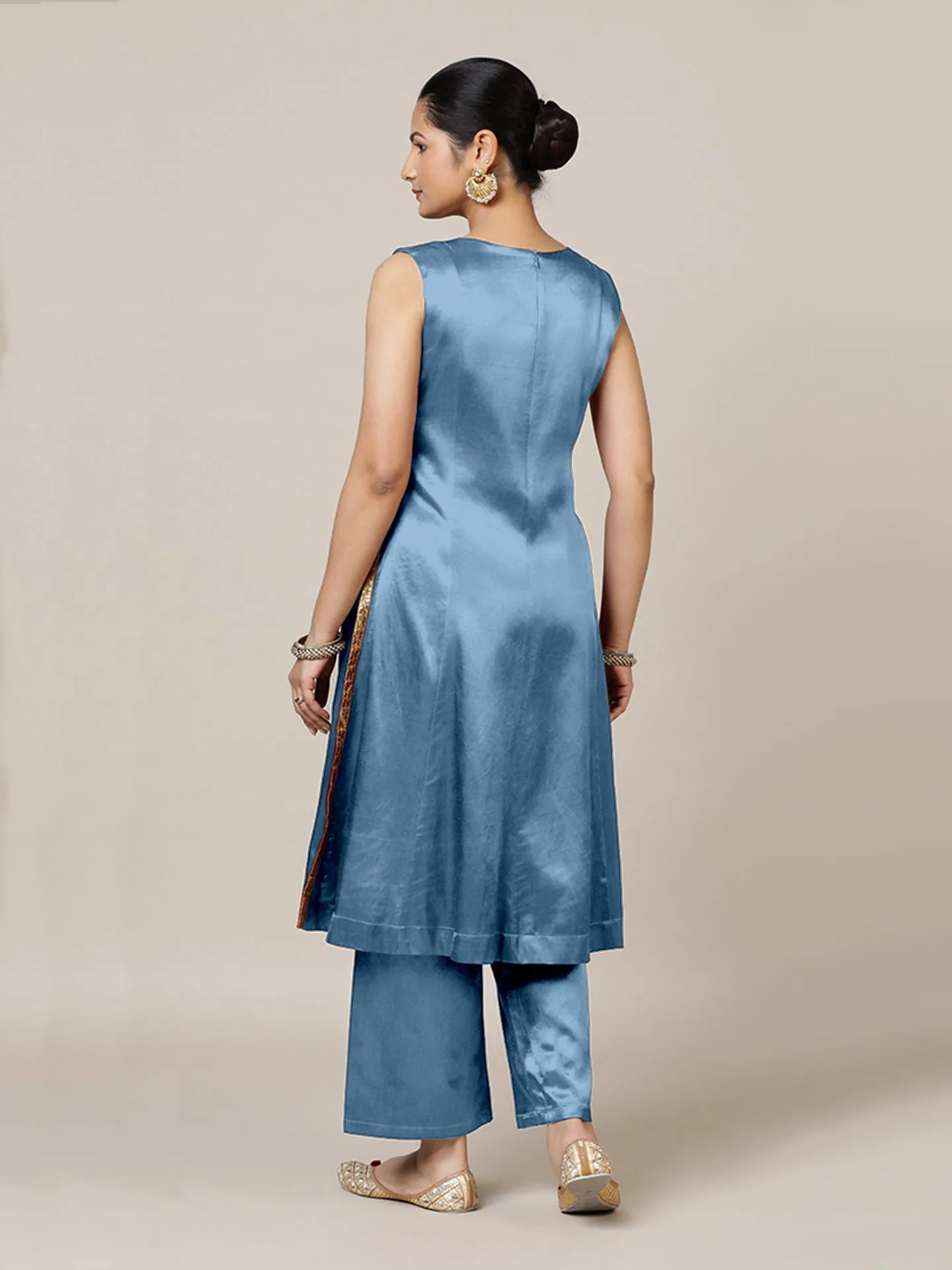 Gulnaaz x Tyohaar | Ice Blue Mashru Silk Panelled Kurta with Crushed Golden Gota Detailing | Coords or Only Kurta