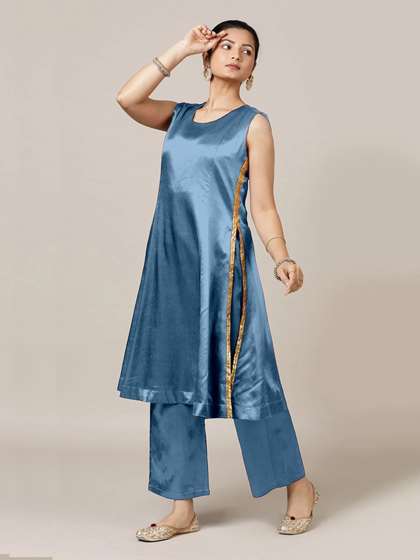 Gulnaaz x Tyohaar | Ice Blue Mashru Silk Panelled Kurta with Crushed Golden Gota Detailing | Coords or Only Kurta