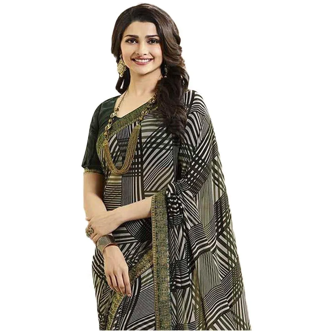 Ideal Black Colored Casual Wear Printed Georgette Saree