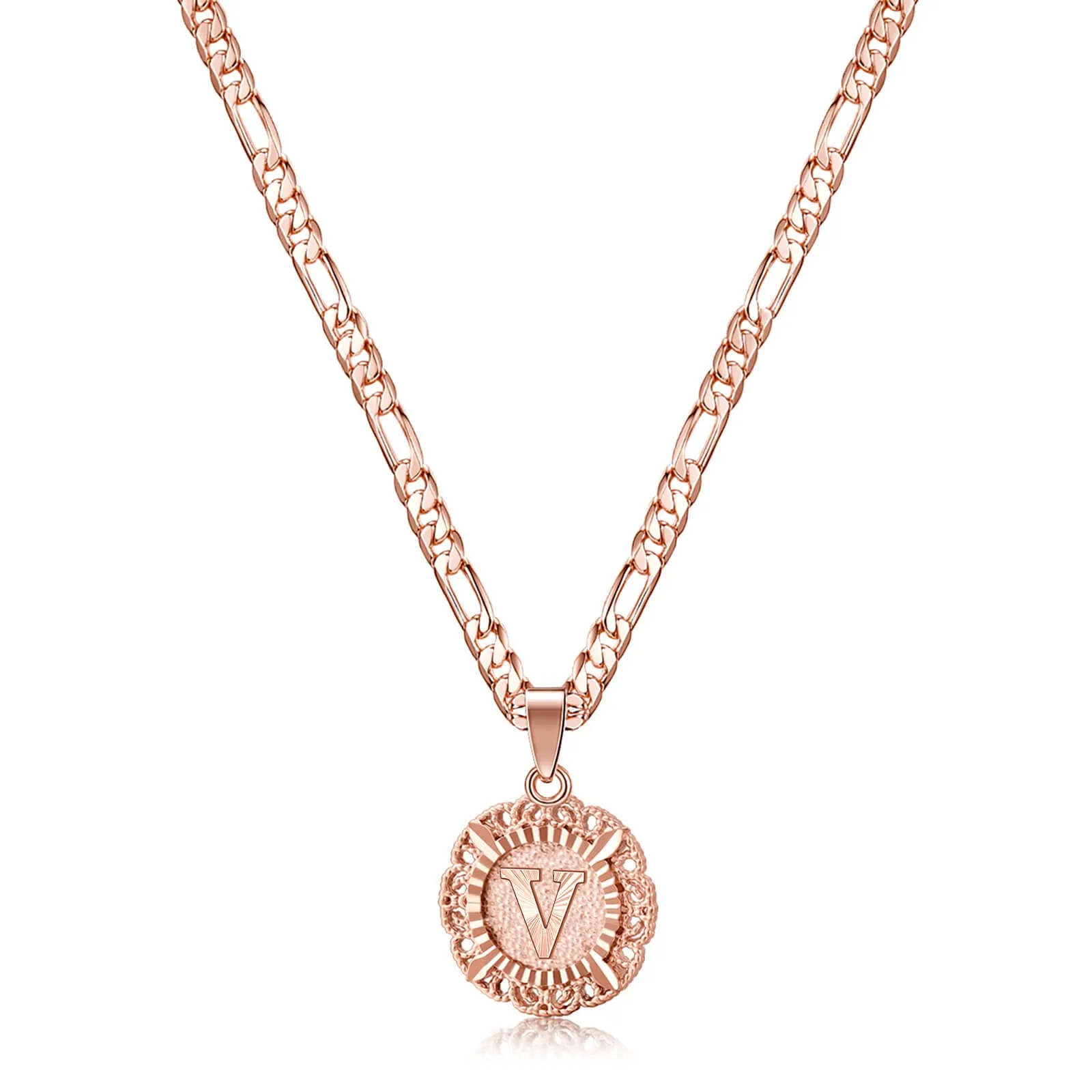 KissYan Initial Necklace for Women,14K Gold Plated Round Letter Pendant Necklace Capital Monogram Necklace Alphabets from A-Z Figaro Chain Necklace