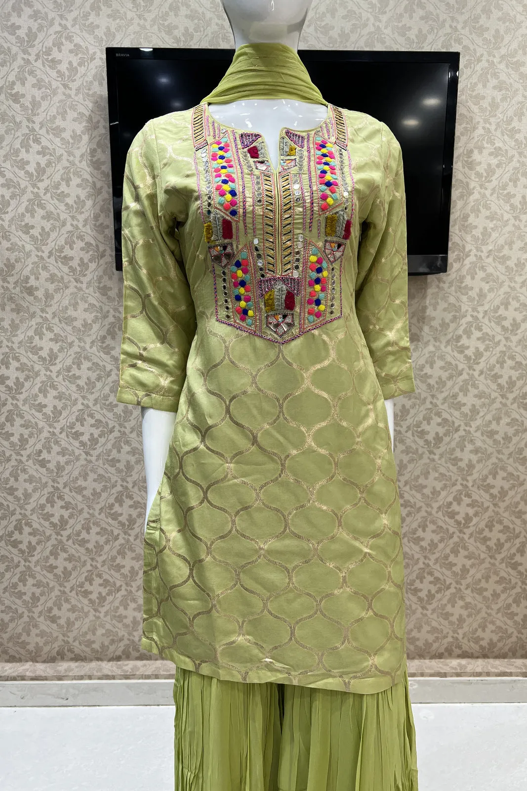 Liril Zari Weaving, Multicolor Thread and Mirror work Sharara Suit Set