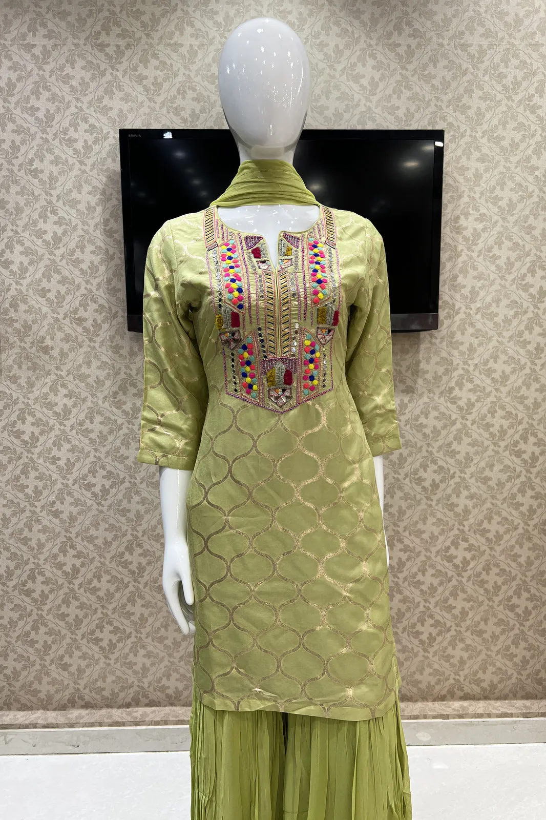 Liril Zari Weaving, Multicolor Thread and Mirror work Sharara Suit Set