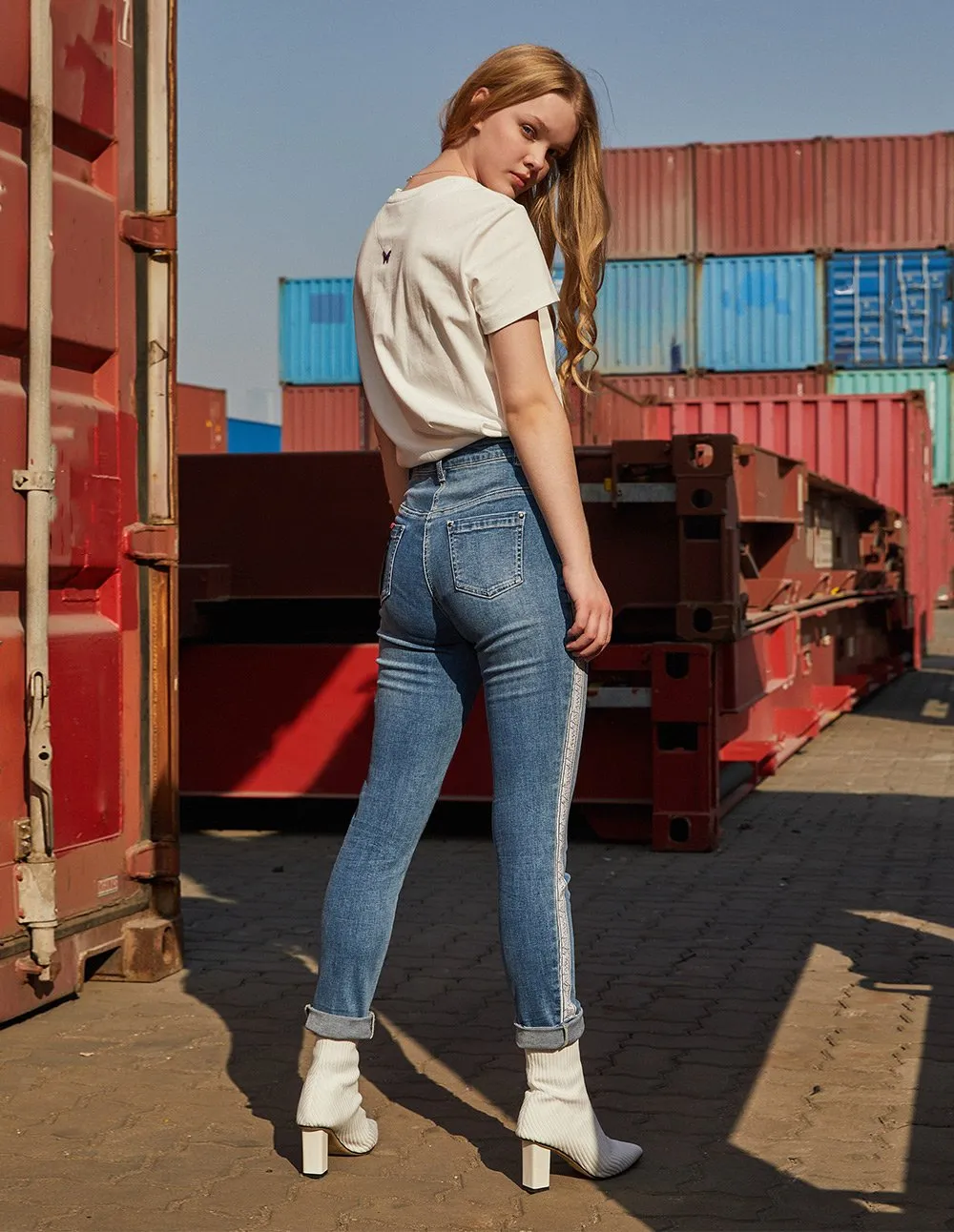 MARK FAST Women Washed Denim Side MF Logo Tape Skinny Jeans