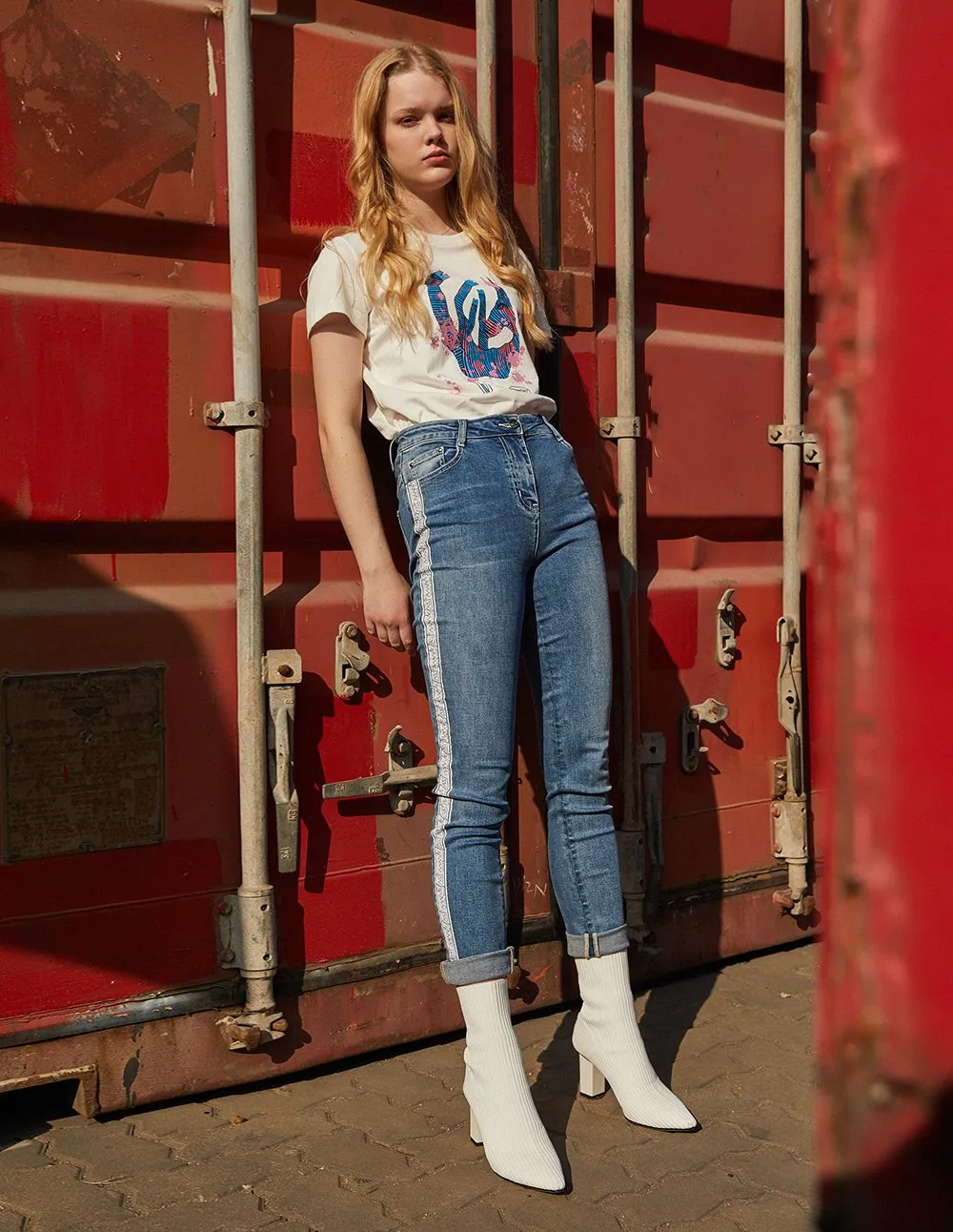 MARK FAST Women Washed Denim Side MF Logo Tape Skinny Jeans