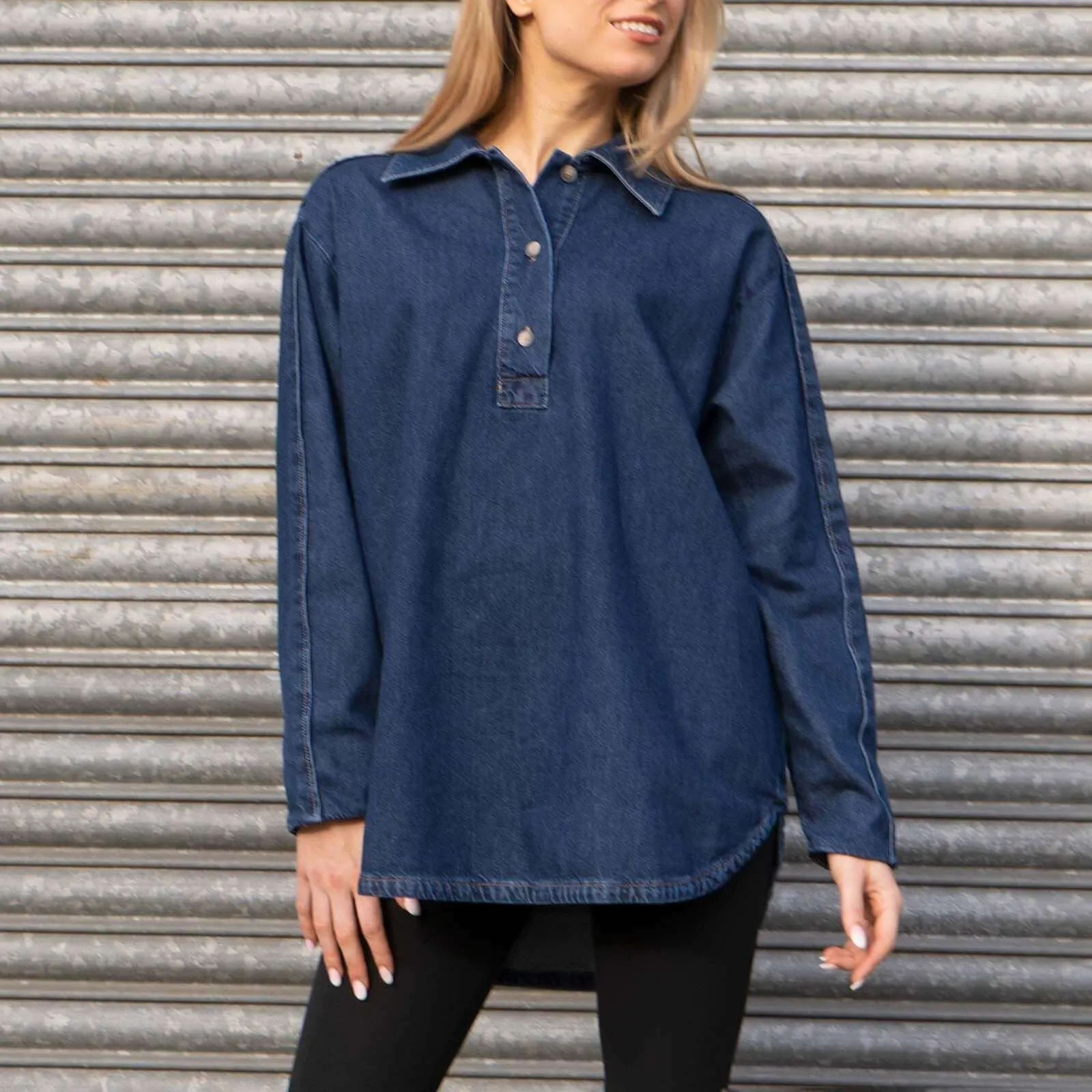 Massimo Dutti Oversized Denim Longline Long Sleeve Shirt