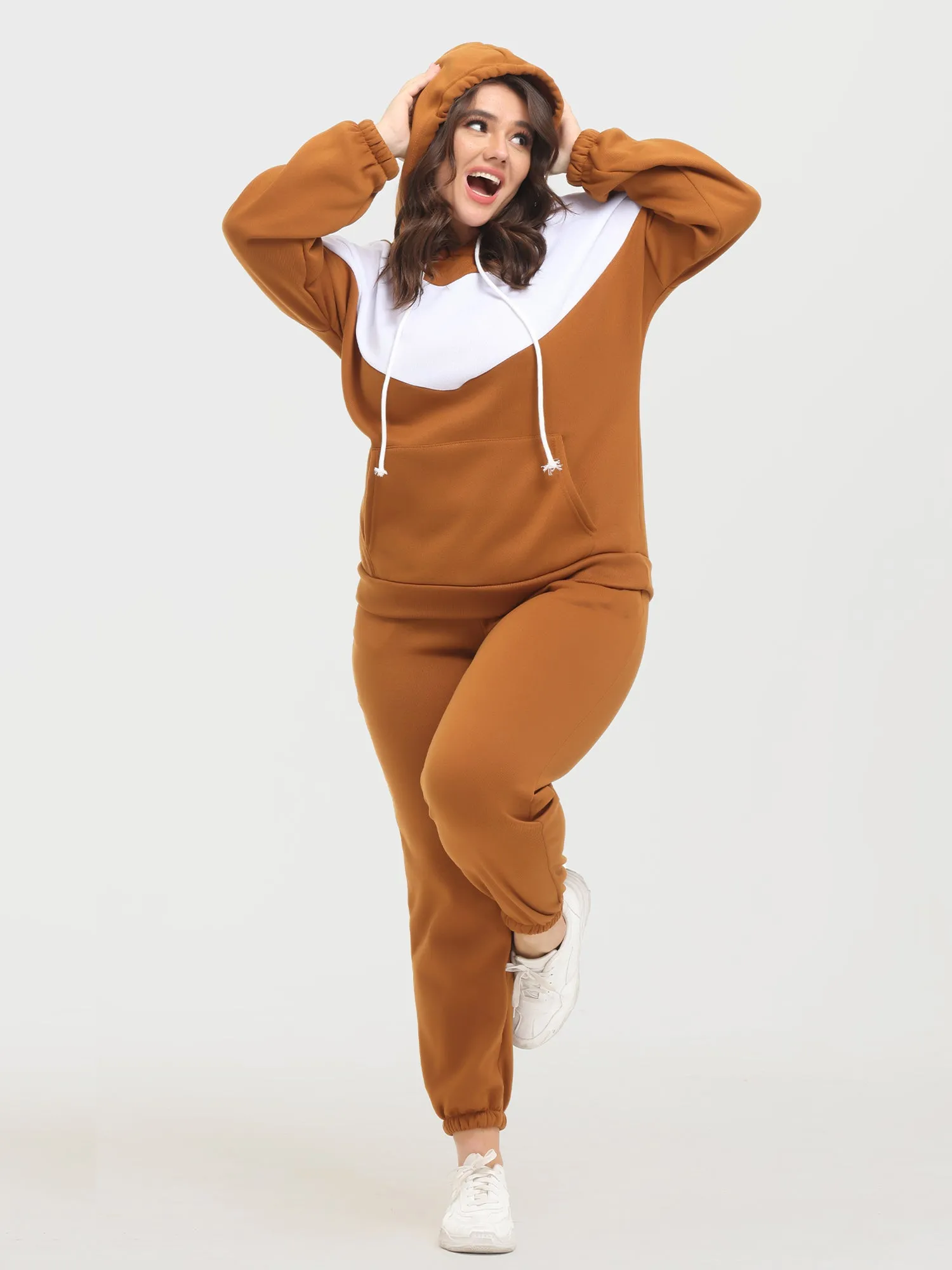Midsize Casual Fashion Colorblock Fleece Hoodie 2-Piece Set