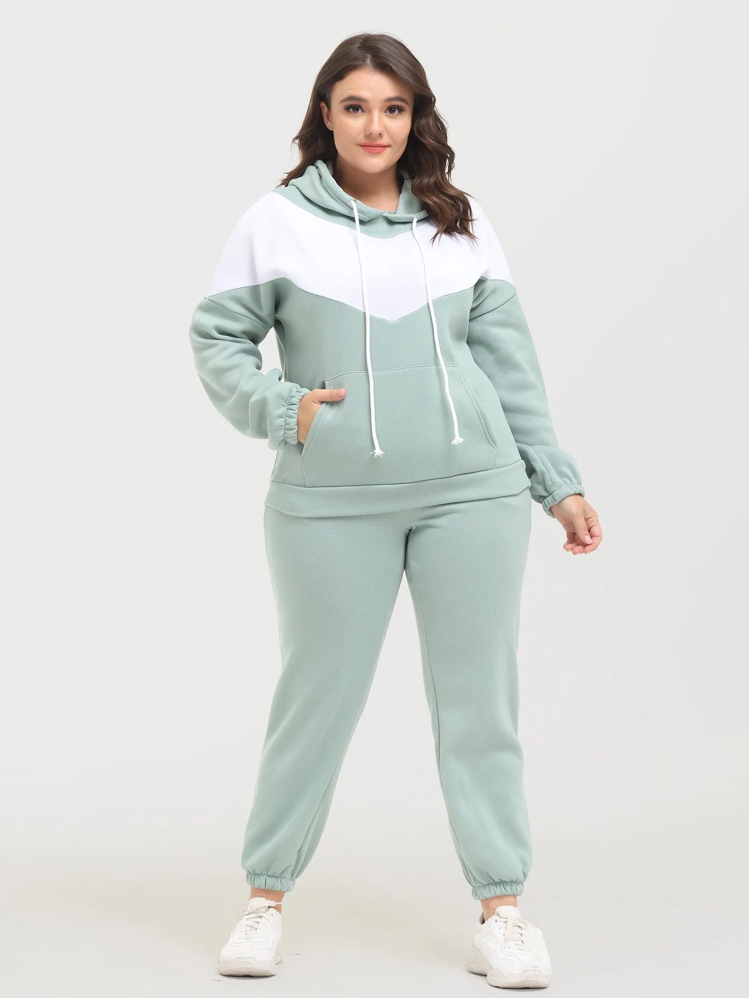 Midsize Casual Fashion Colorblock Fleece Hoodie 2-Piece Set
