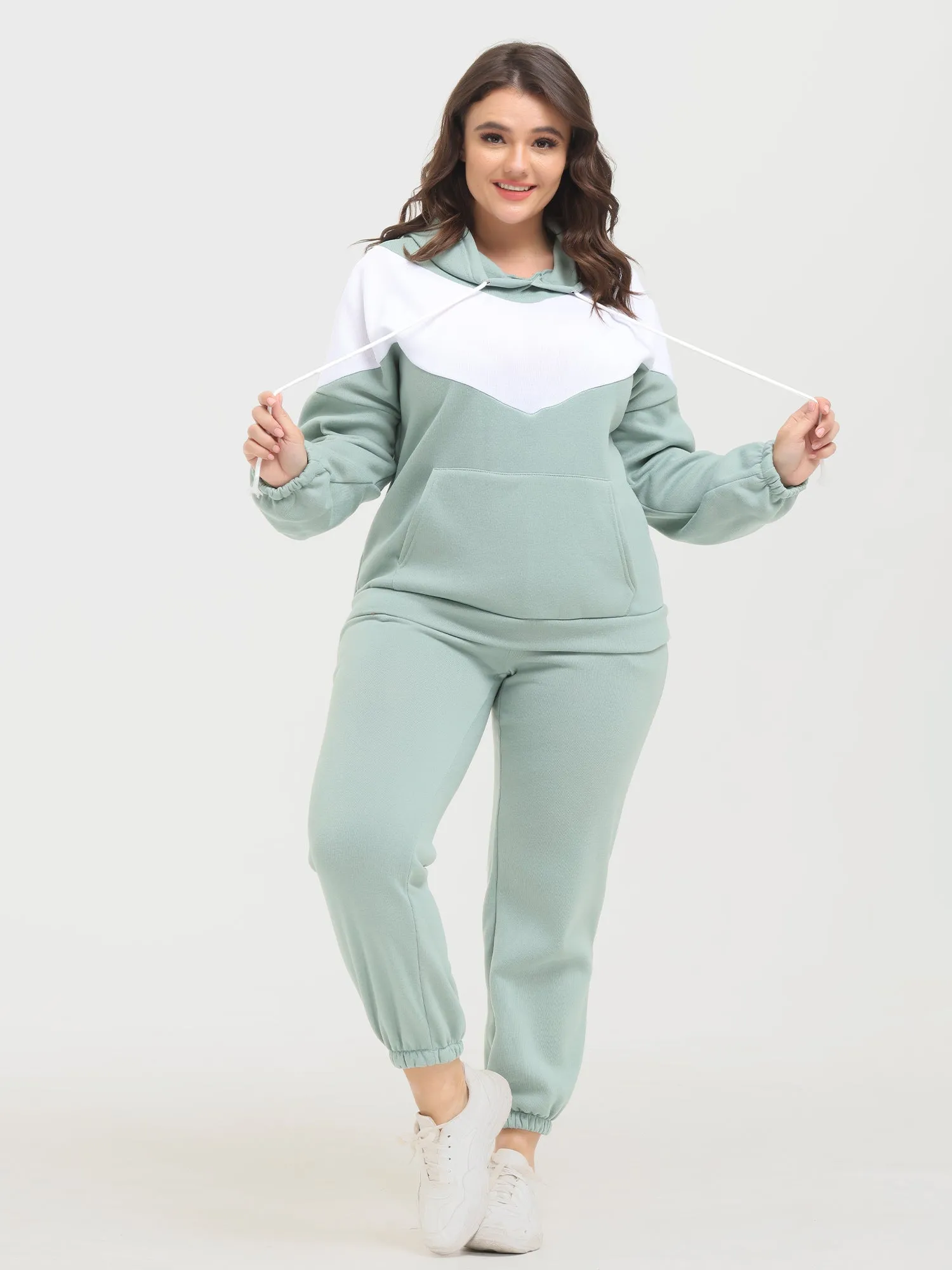 Midsize Casual Fashion Colorblock Fleece Hoodie 2-Piece Set