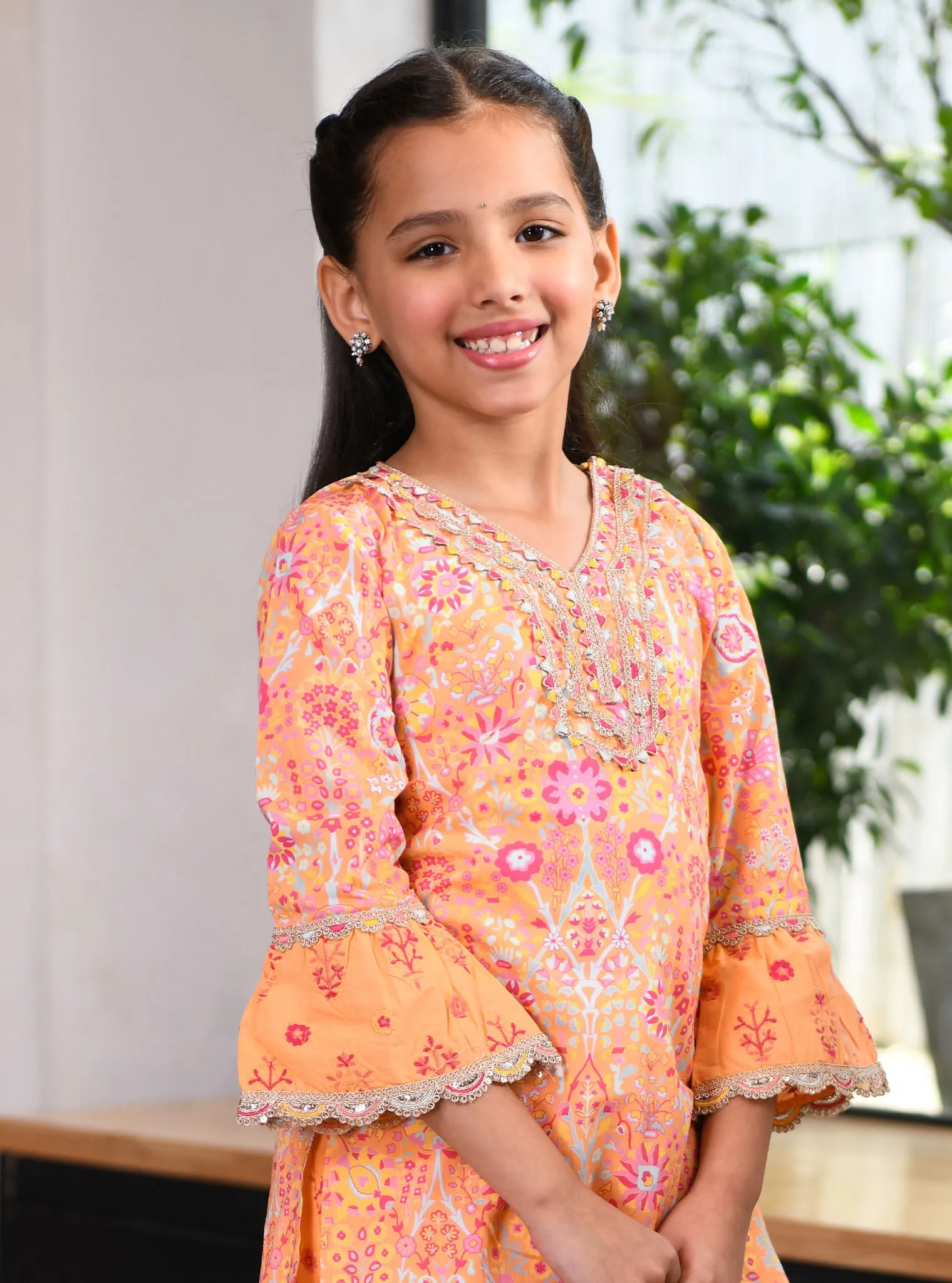 Mulmul Cotton Grace Orange Kurta With Grace Orange Garara