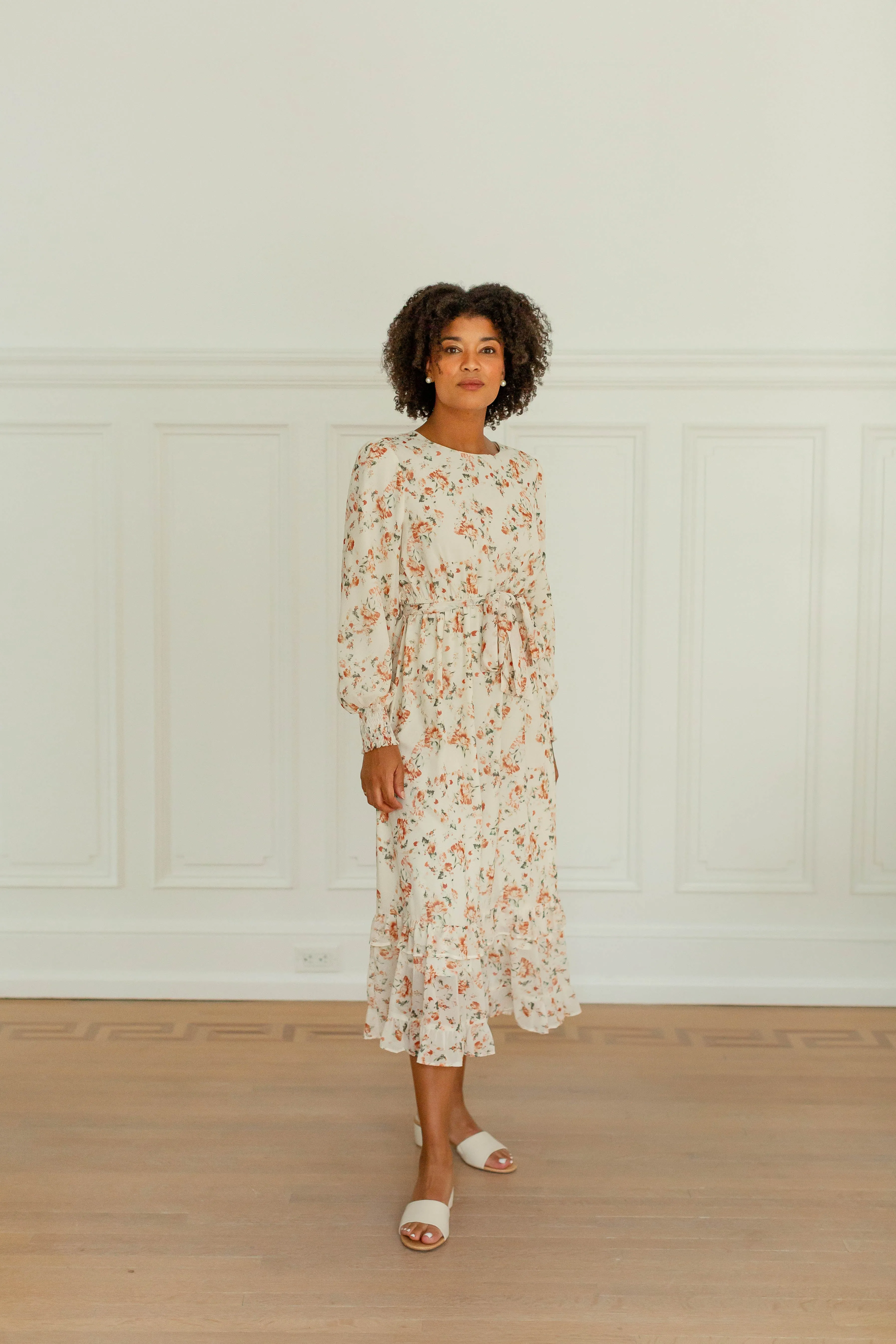 'Phyllis' Rust Floral Ruffle Hem Chiffon Dress in Cream