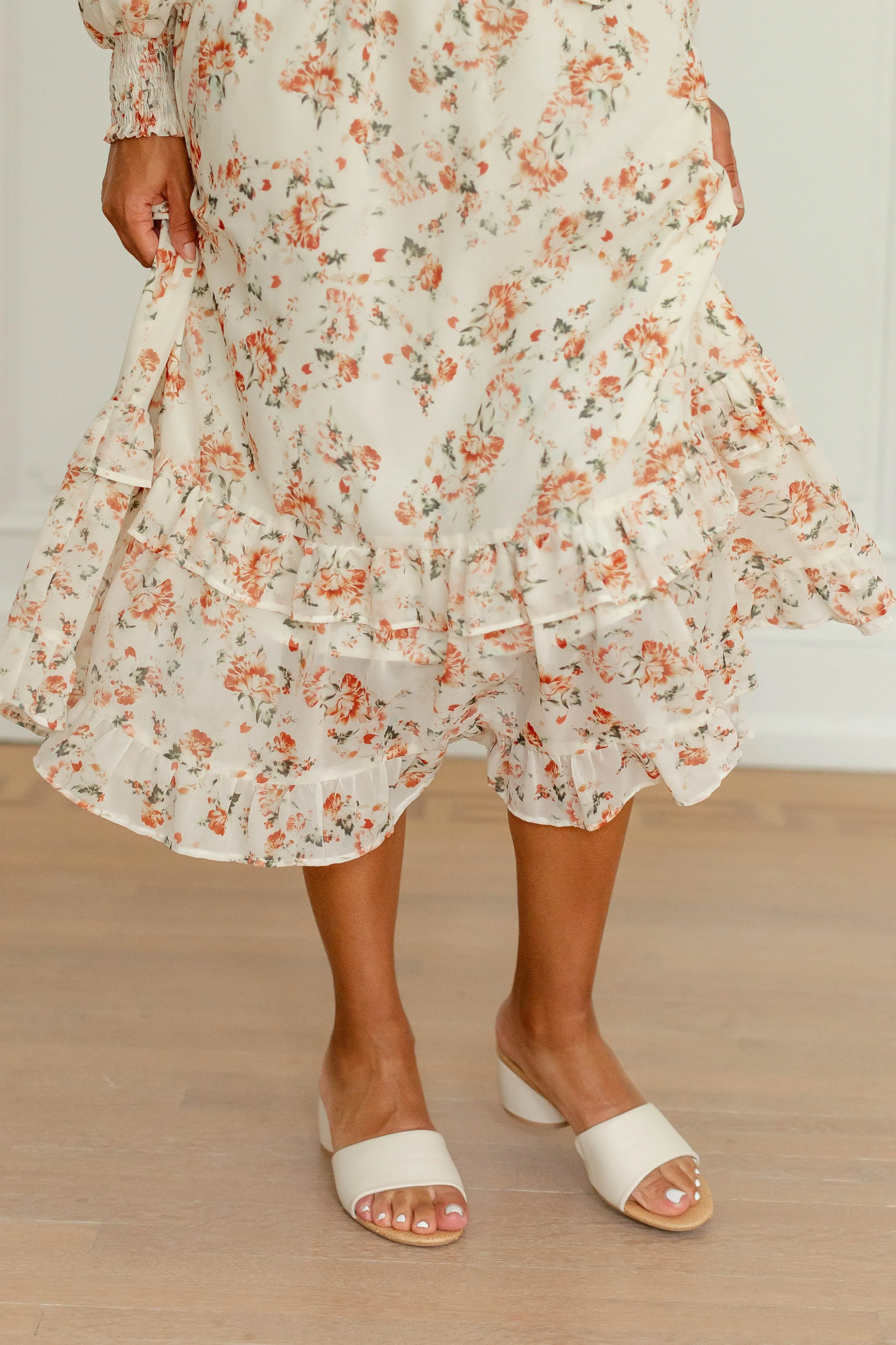 'Phyllis' Rust Floral Ruffle Hem Chiffon Dress in Cream