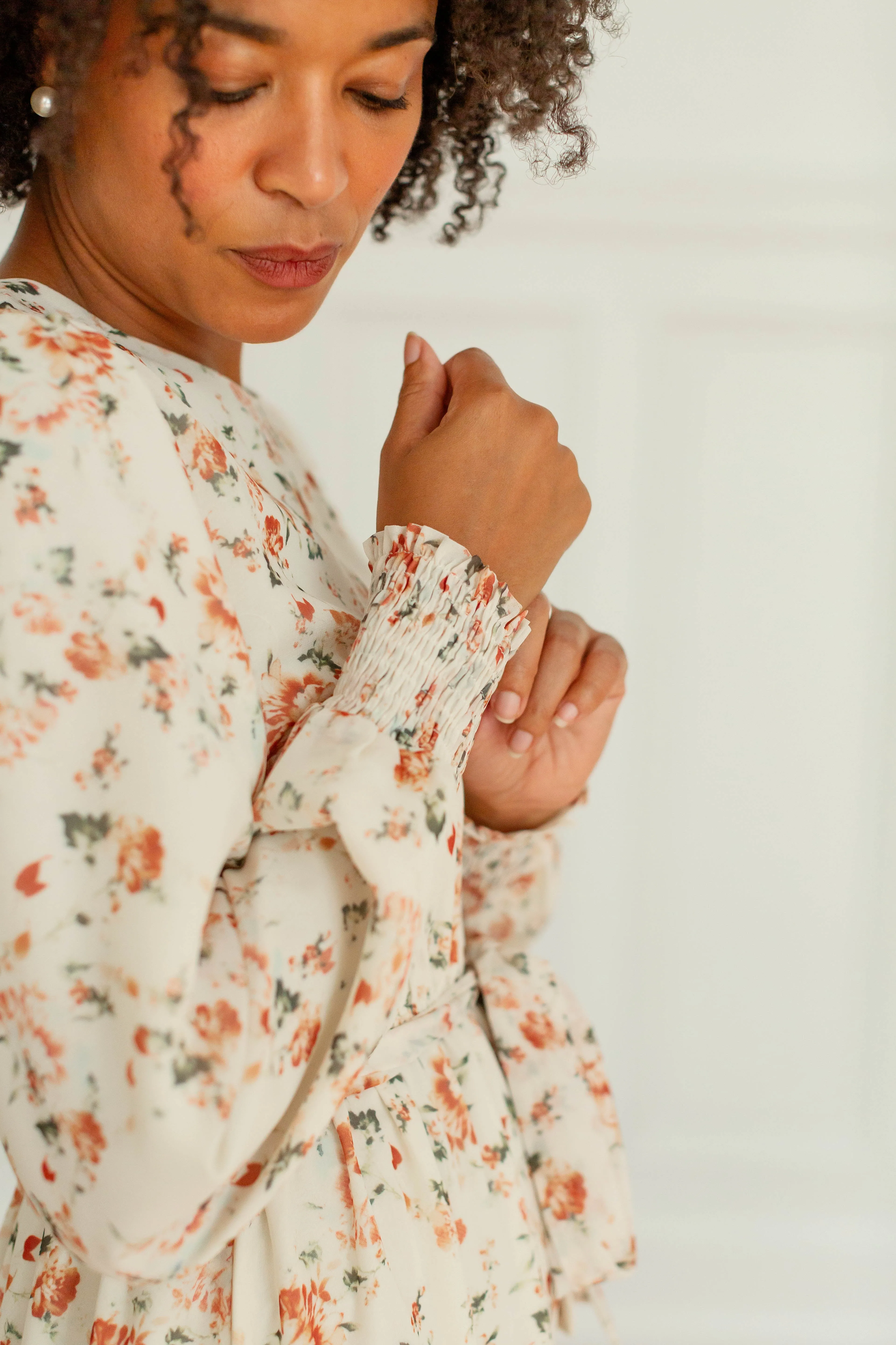 'Phyllis' Rust Floral Ruffle Hem Chiffon Dress in Cream