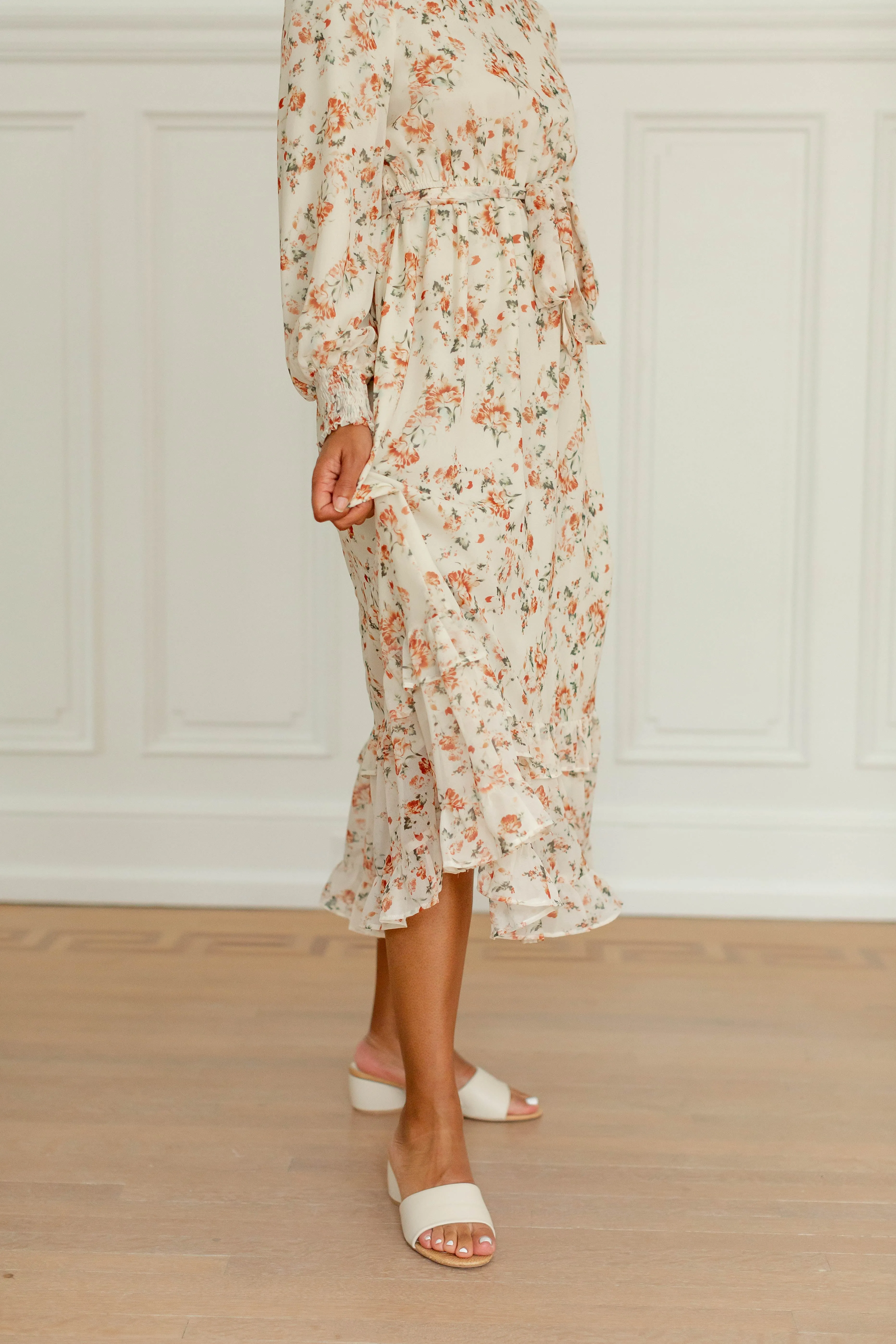 'Phyllis' Rust Floral Ruffle Hem Chiffon Dress in Cream