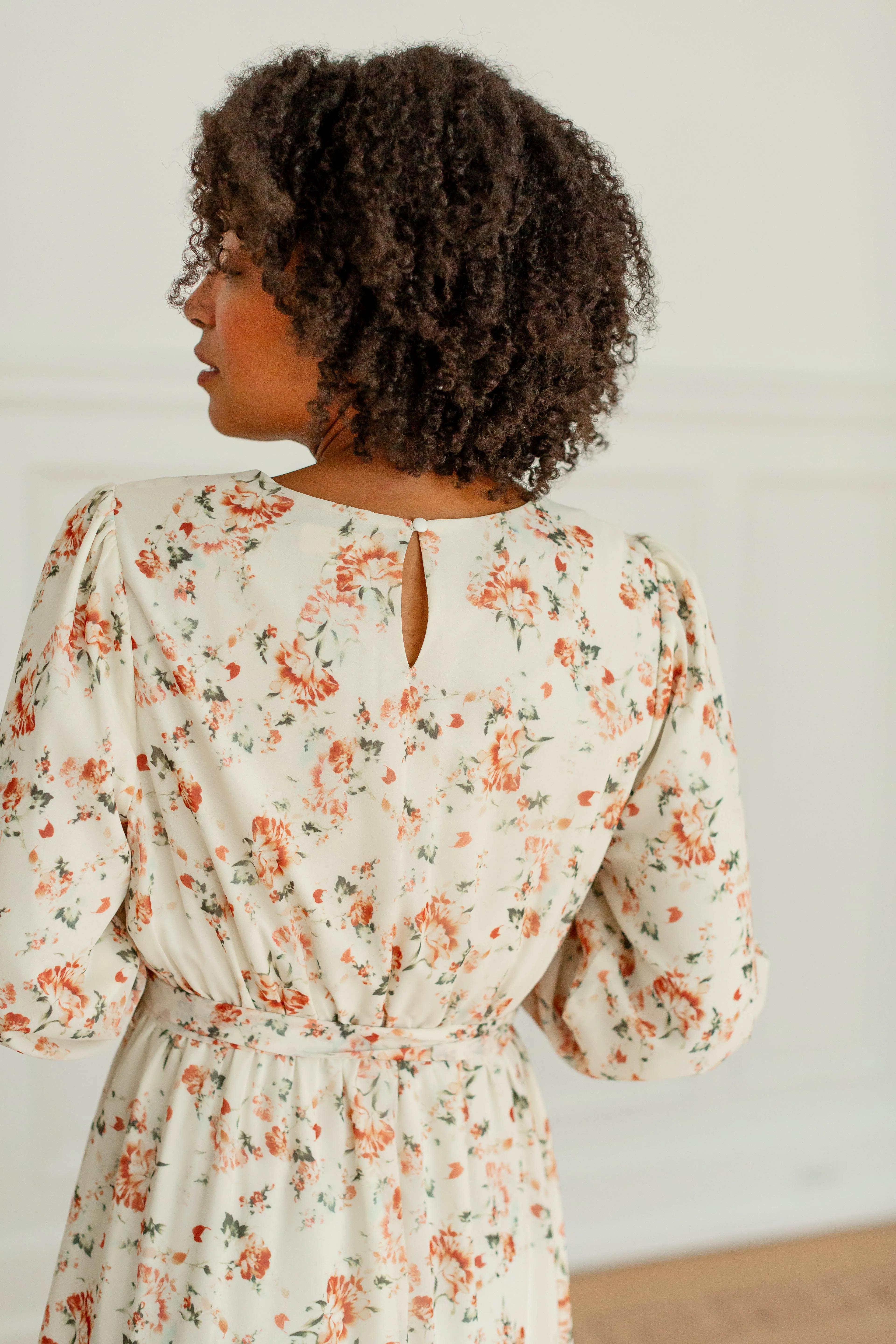 'Phyllis' Rust Floral Ruffle Hem Chiffon Dress in Cream